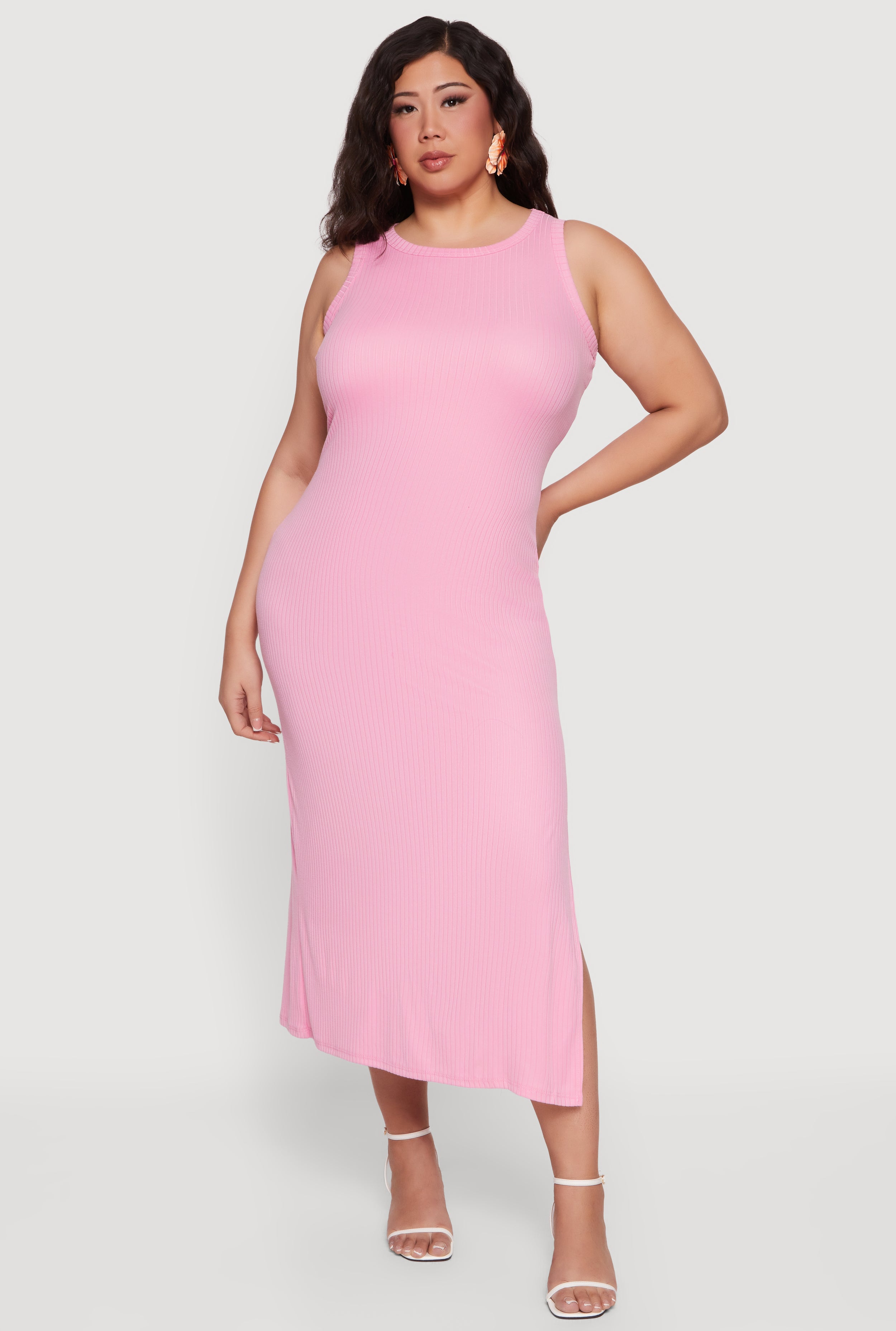 Plus Size Rib Knit Side Slit Tank Midi Dress