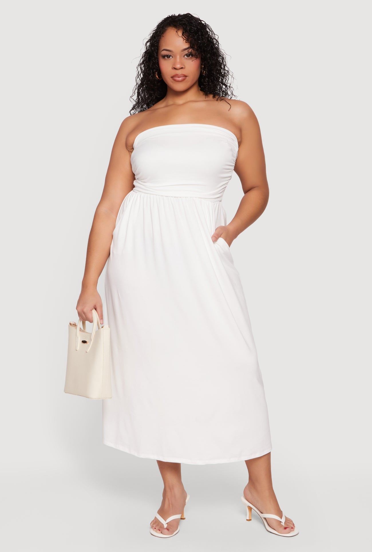 Plus Size Soft Knit Ruched Tube Dress with Pockets