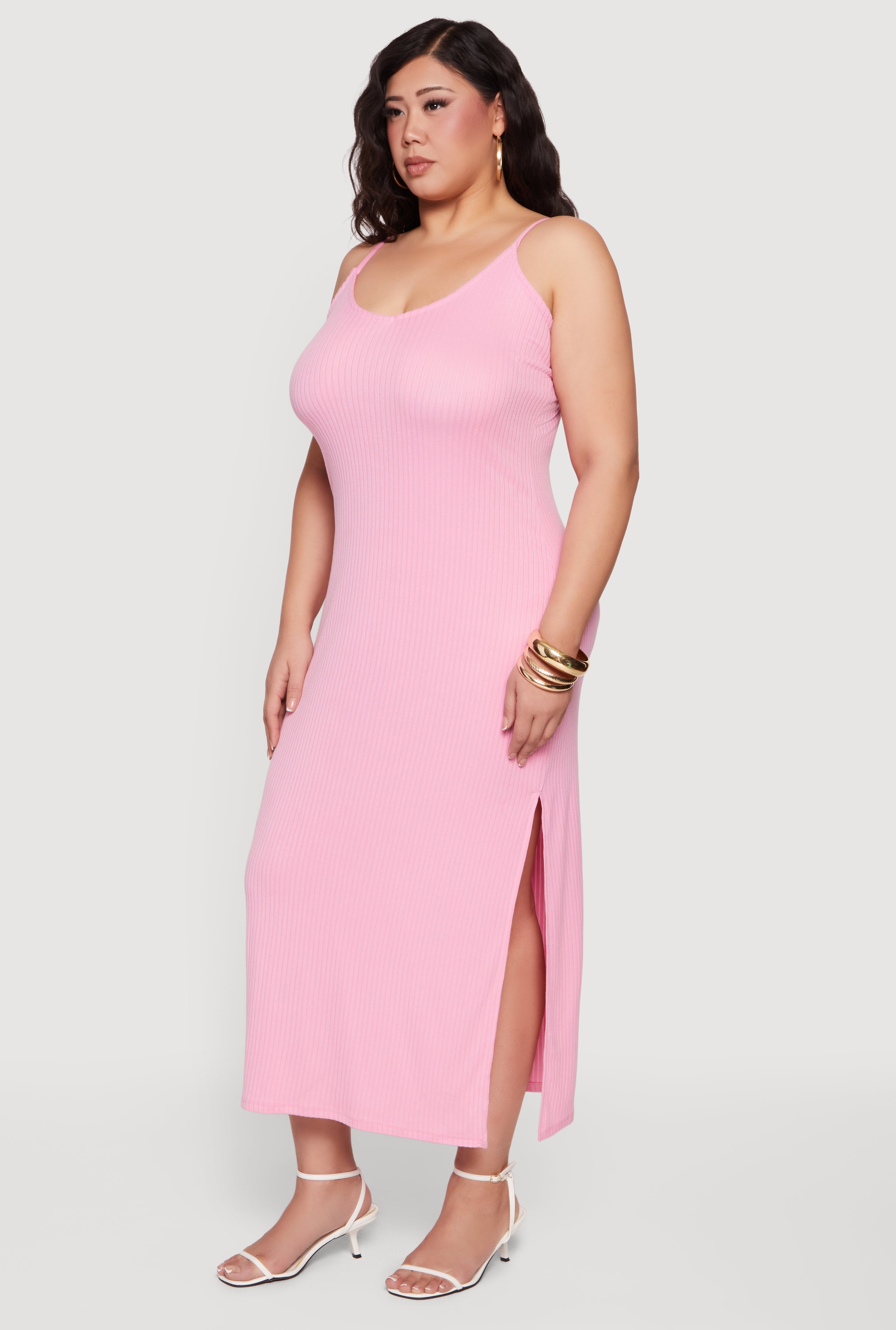 TFW49　SLEEVELESS ONEPIECE　Mサイズ ピンク Plus Size Sleeveless Ribbed Knit Maxi Dress with Side Slit