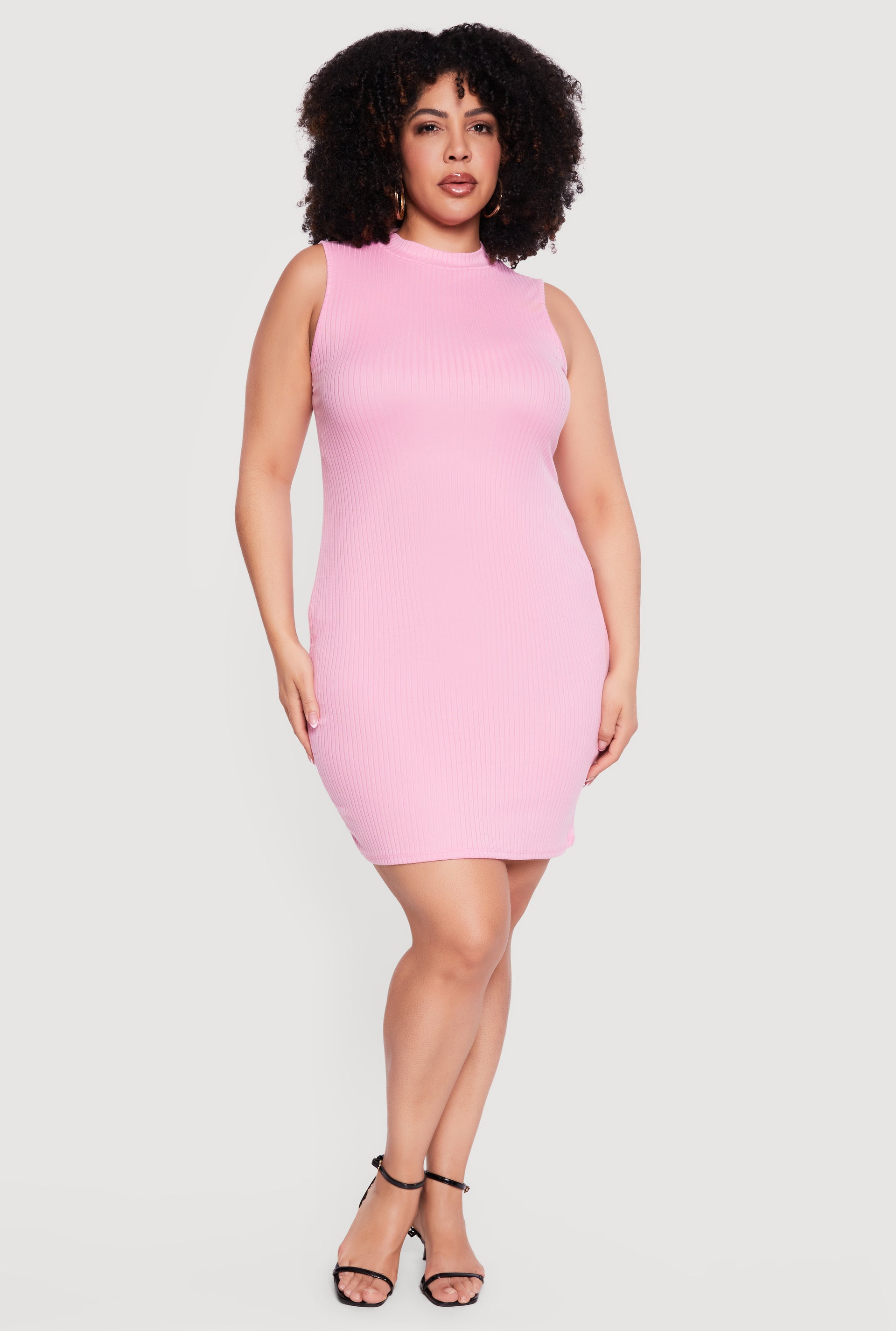 Womens Plus Size Rib Knit Sleeveless Mock Neck Mini Dress, Pink, Size 2X