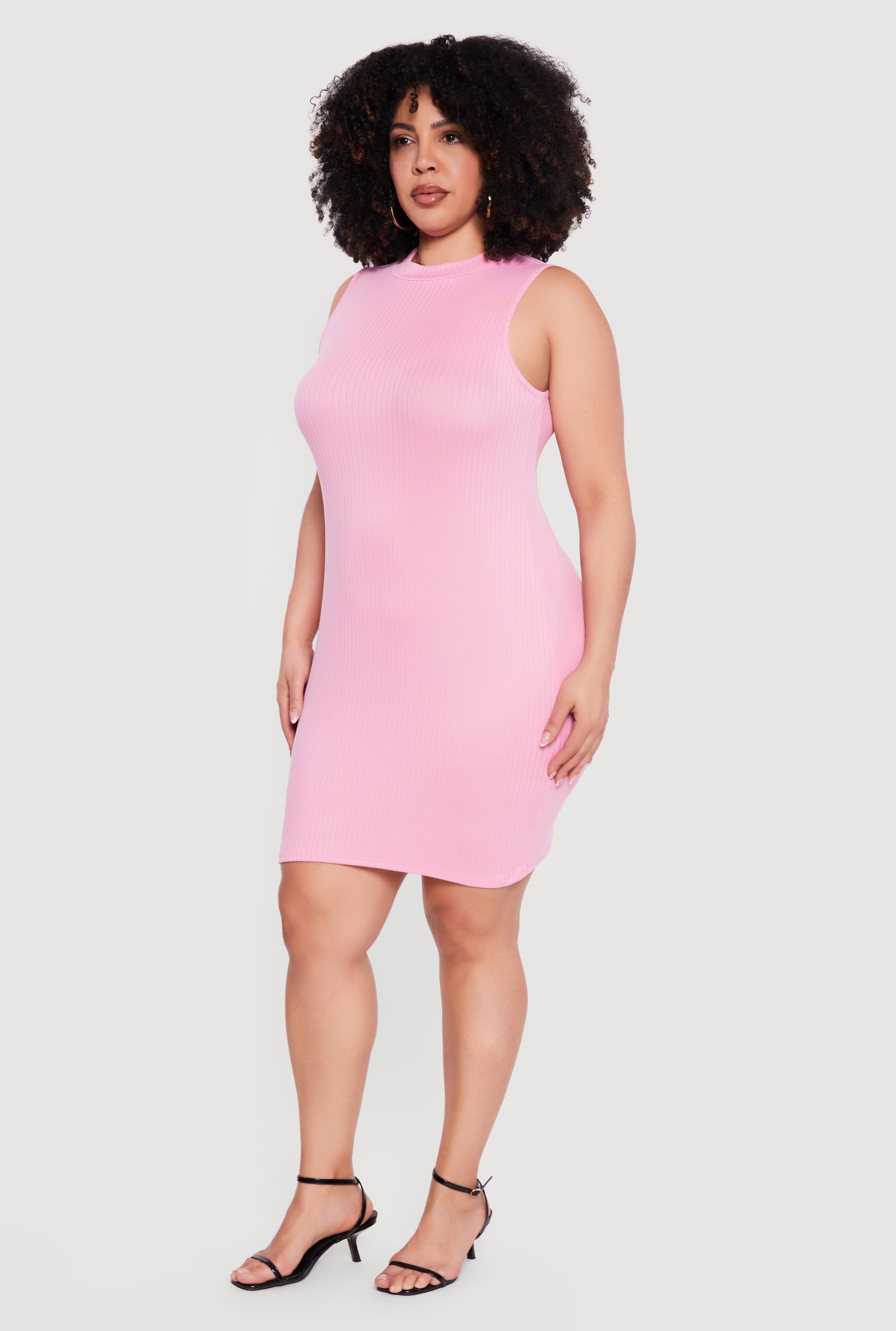 Plus Size Rib Knit Sleeveless Mock Neck Mini Dress