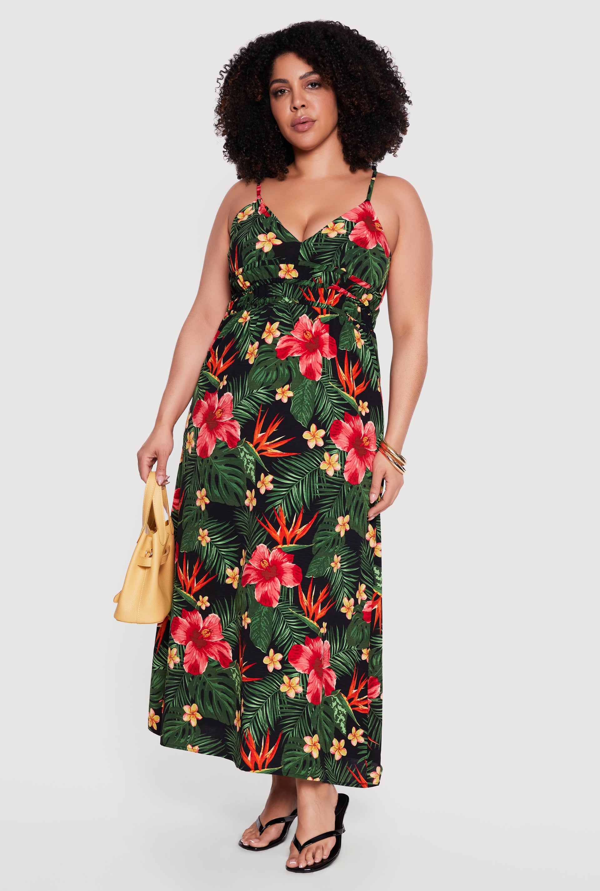 Womens Plus Size Tropical Floral V-Neck Cami Maxi Dress, Green, Size 1X