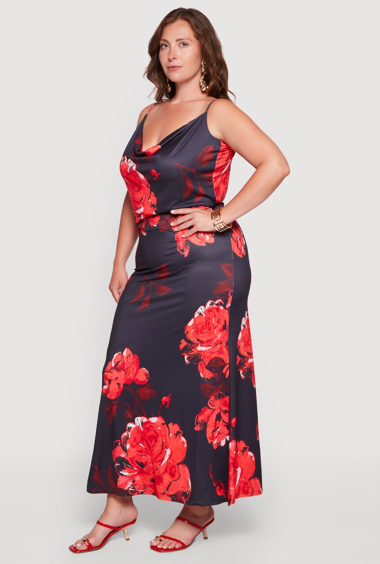 Plus Size Floral Cowl Neck Ruched Detail Mermaid Dress