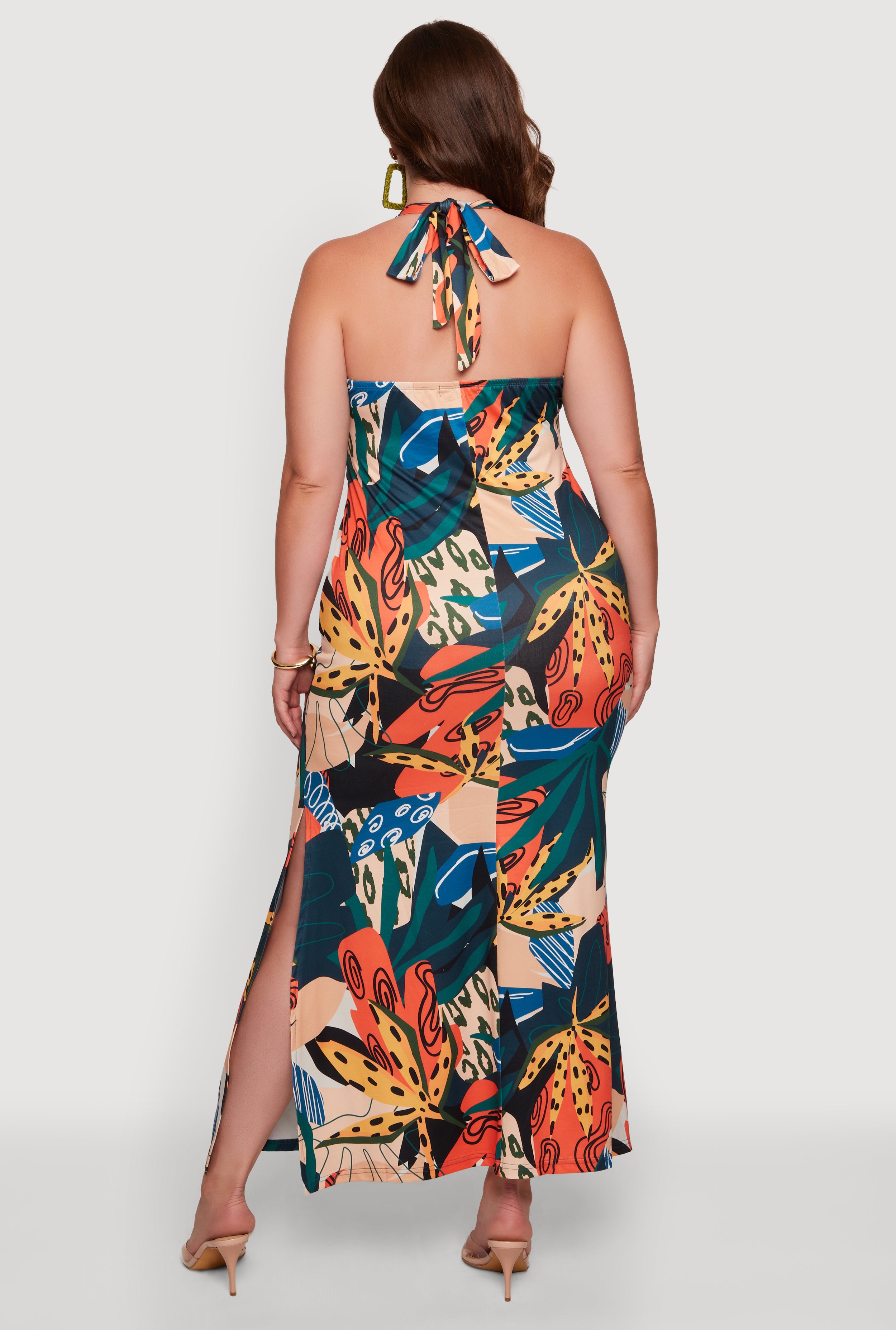 Plus Size Patterned Side Slit Halter Maxi Dress