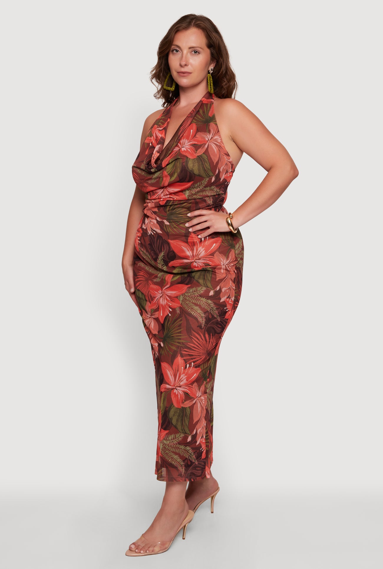 Plus Size Tropical Floral Print Mesh Cowl Neck Halter Dress