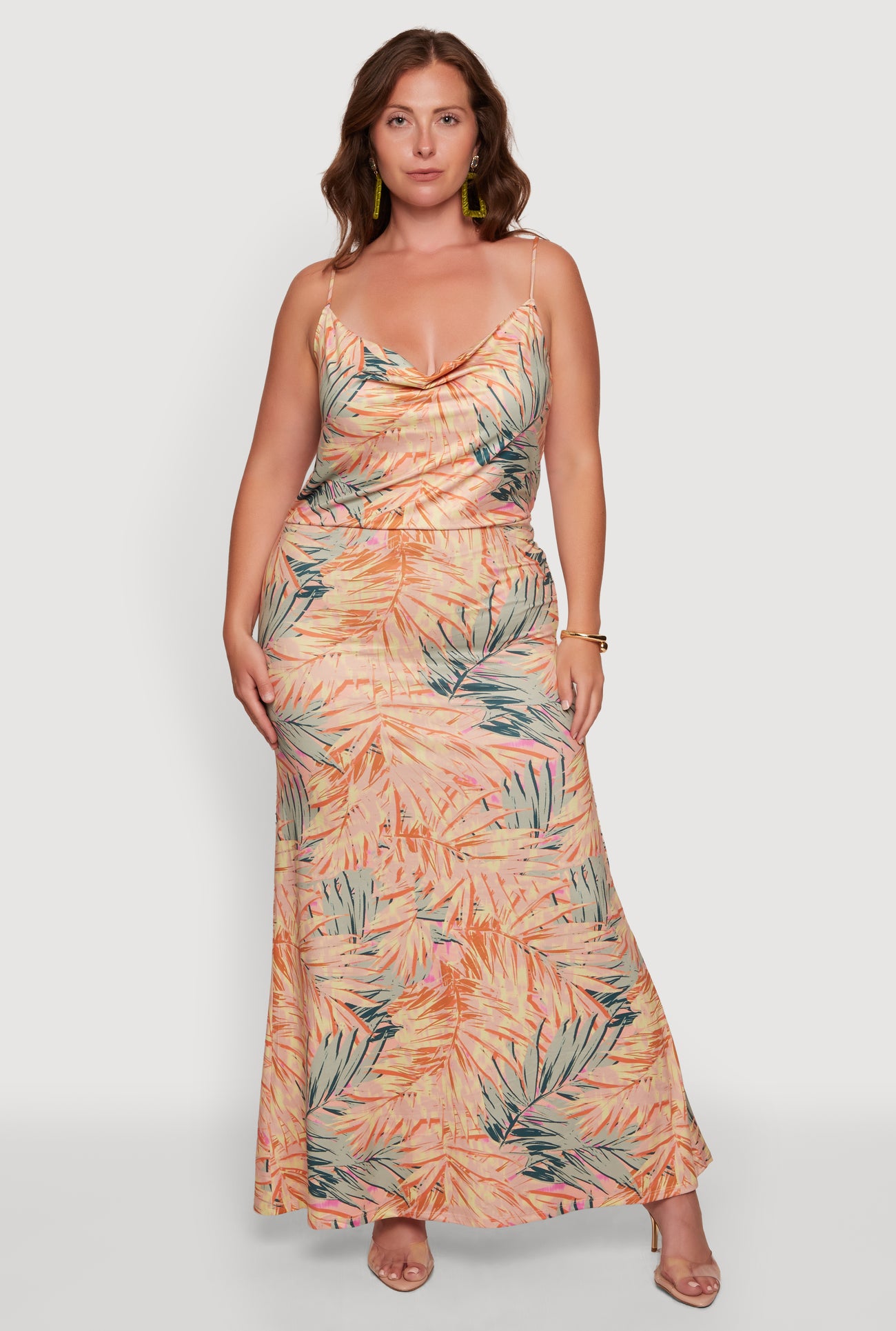 Plus Size Tropical Palm Leaf Print Cowl Neck Maxi Dress