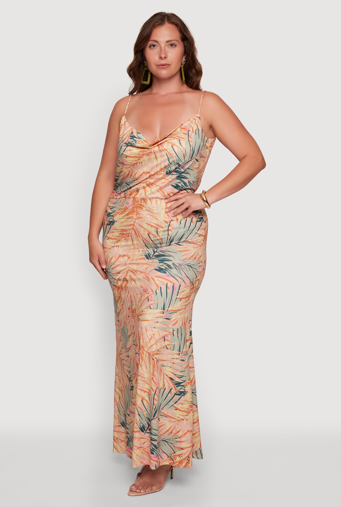 Plus Size Tropical Palm Leaf Print Cowl Neck Maxi Dress - PEACH / 1X Plus Size Tropical Palm Leaf Print Cowl Neck Maxi Dress - PEACH / 1X
