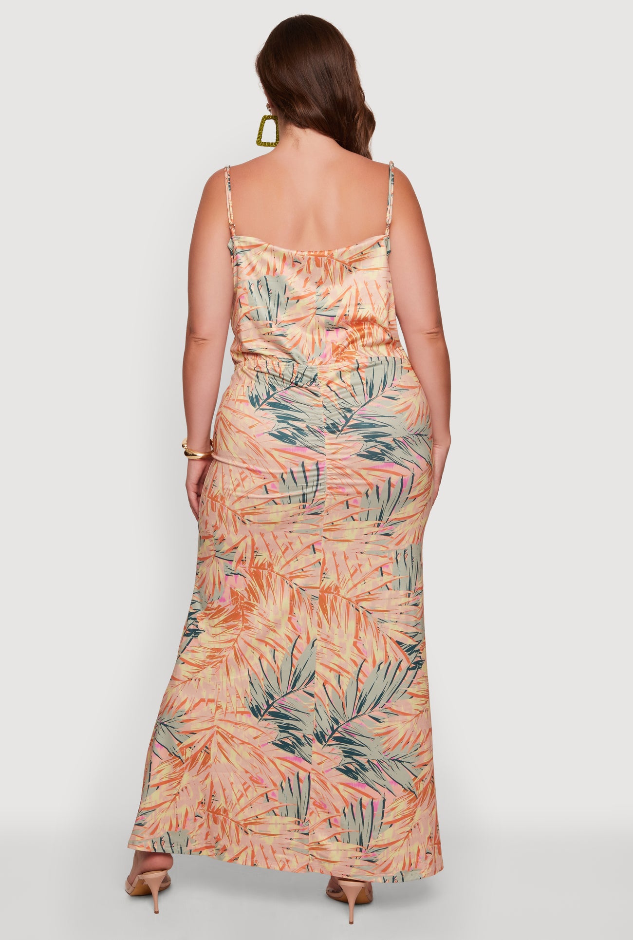 Plus Size Tropical Palm Leaf Print Cowl Neck Maxi Dress