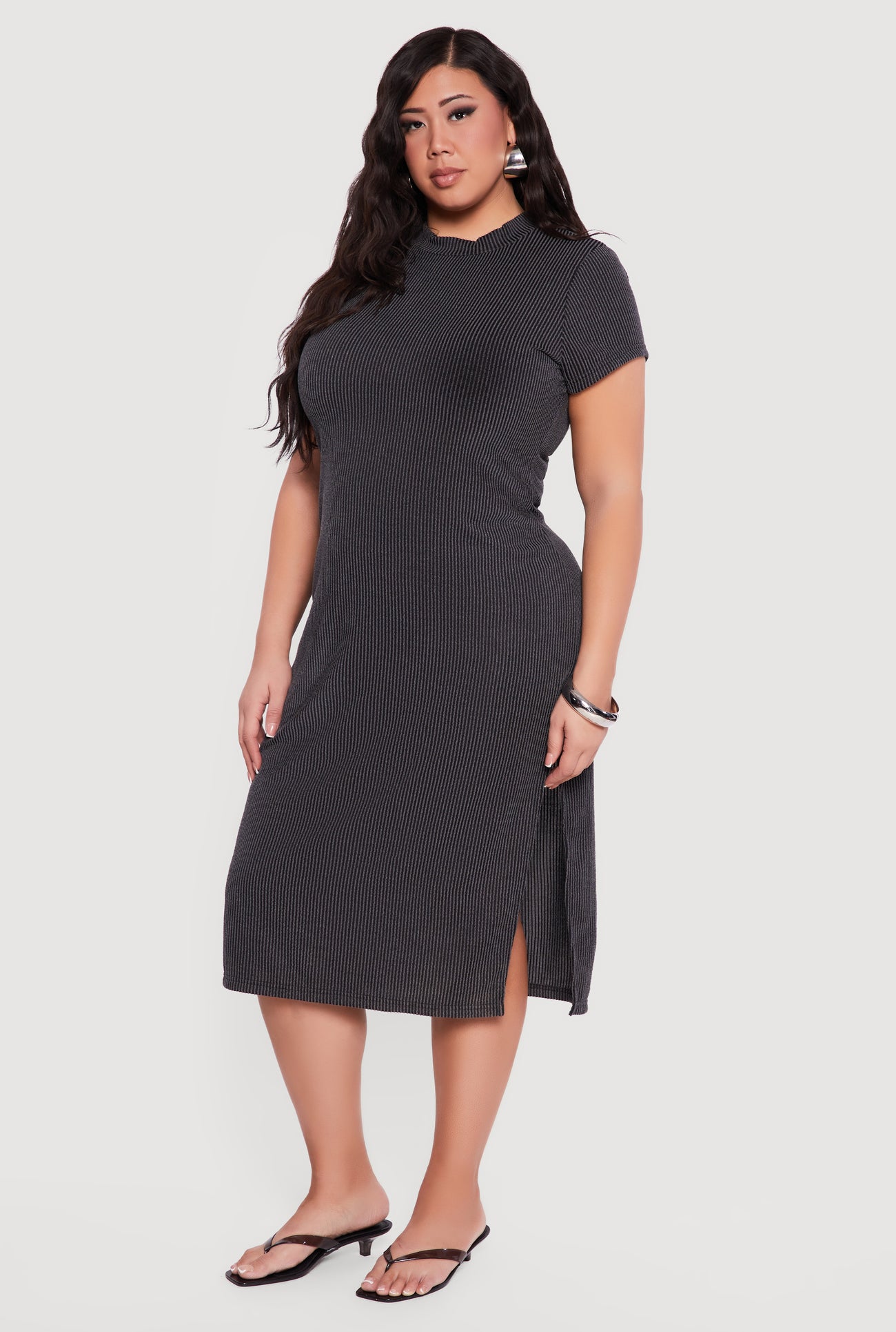 mock neck plus size midi dress Plus Size Rib Knit Short Sleeve Mock Neck Side Slit Midi Dress