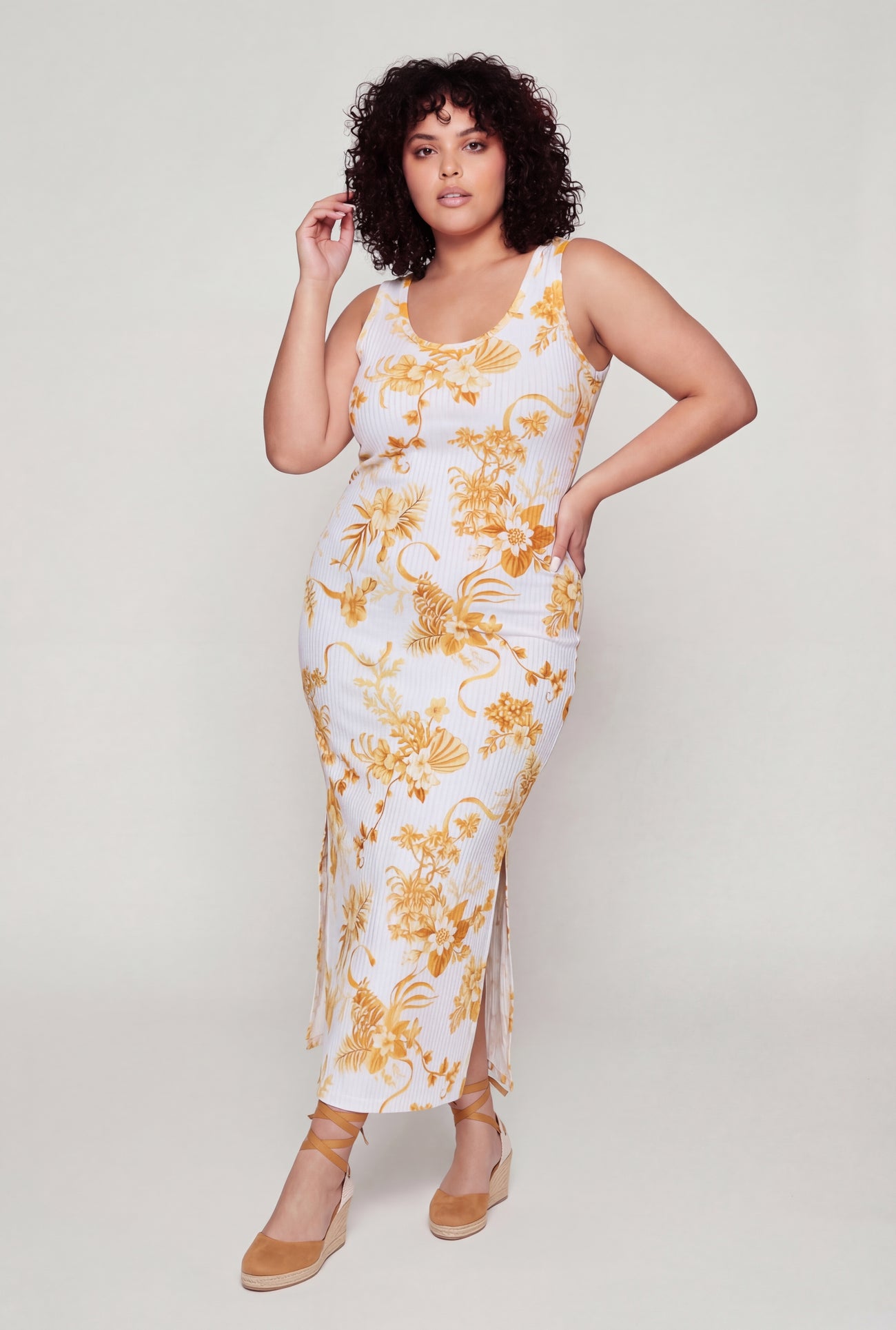 Plus Size Floral Rib Knit Maxi Tank Dress Plus Size Floral Rib Knit Maxi Tank Dress