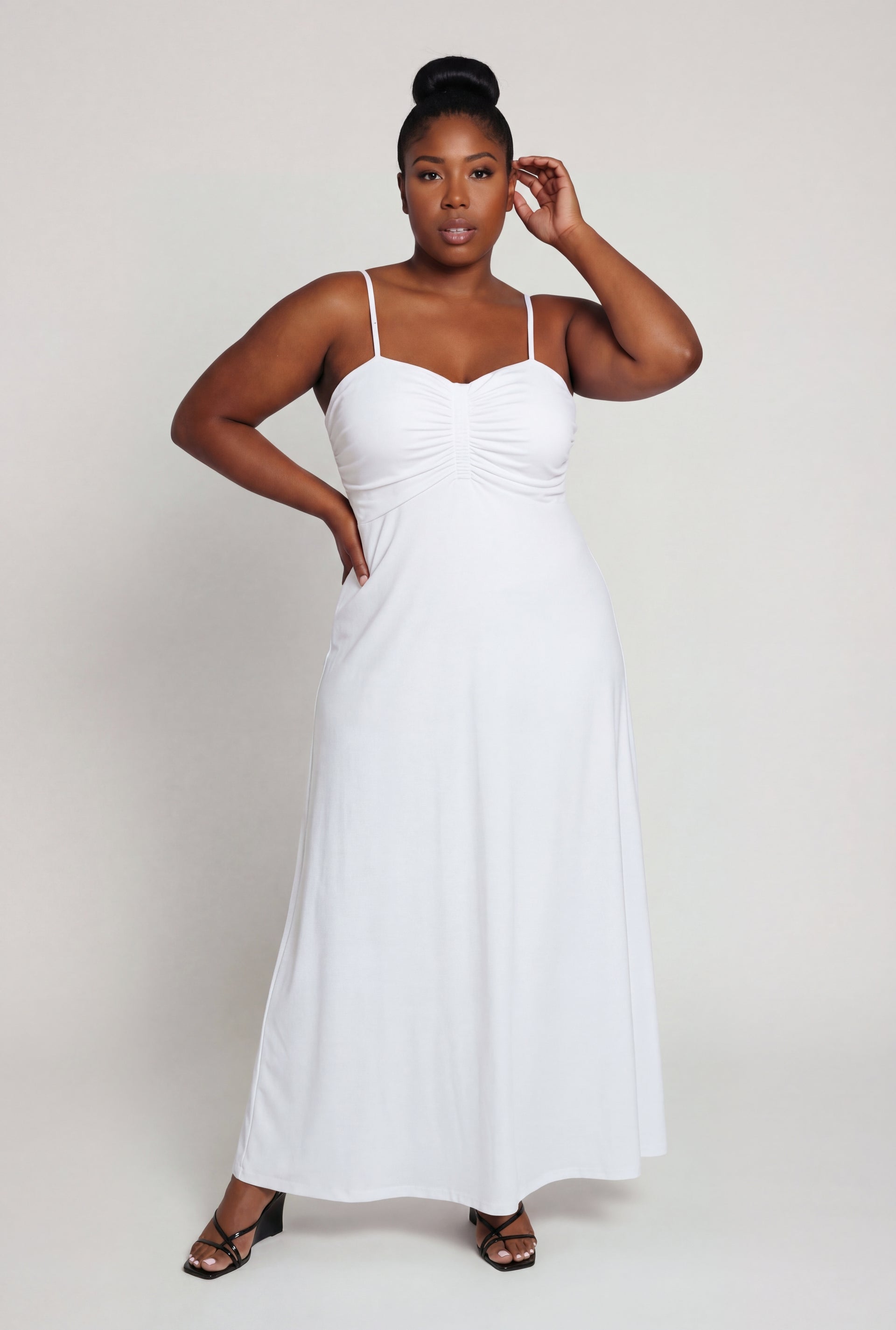 solid texture button ruched cami maxi dress Plus Size Ruched Front Cami Maxi Dress