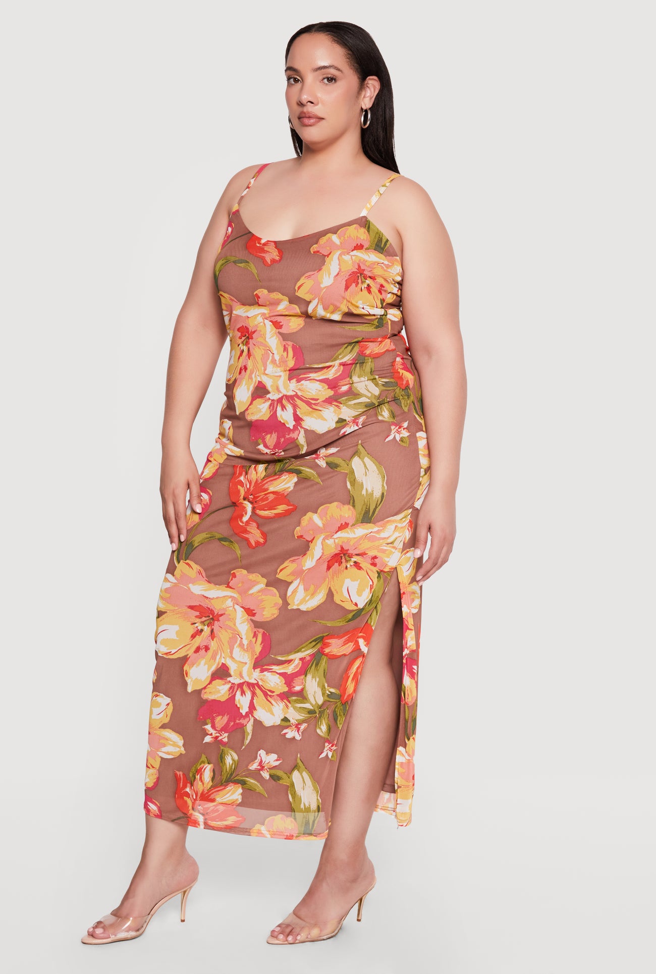 Plus Size Floral Mesh Overlay Side Slit Maxi Dress