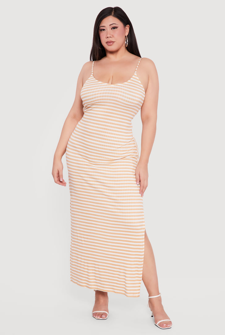 Womens Plus Size Striped Rib Knit Side Slit Cami Maxi Dress, Tan, Size 3X