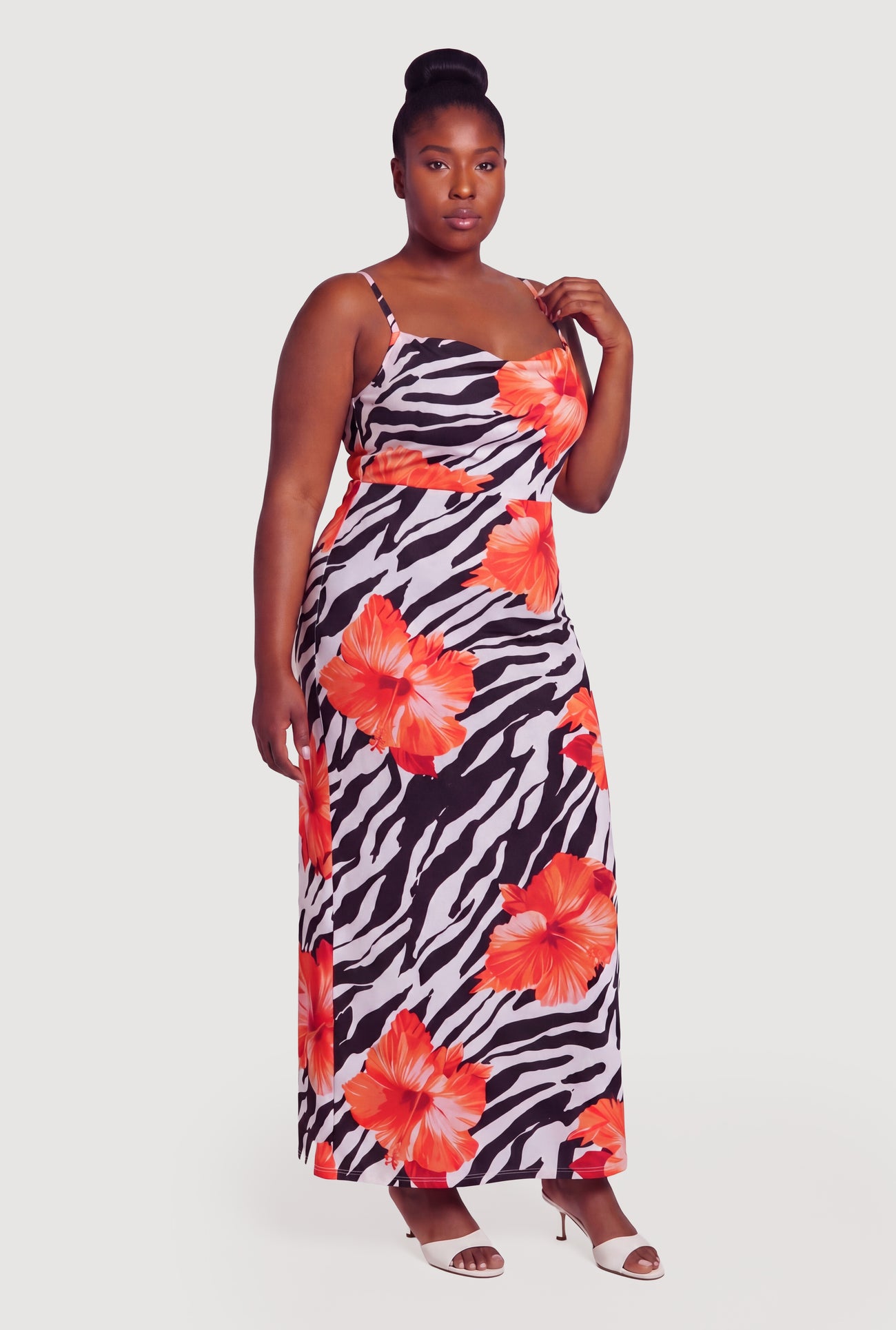 Plus Size Zebra Floral Print Cowl Neck Maxi Dress