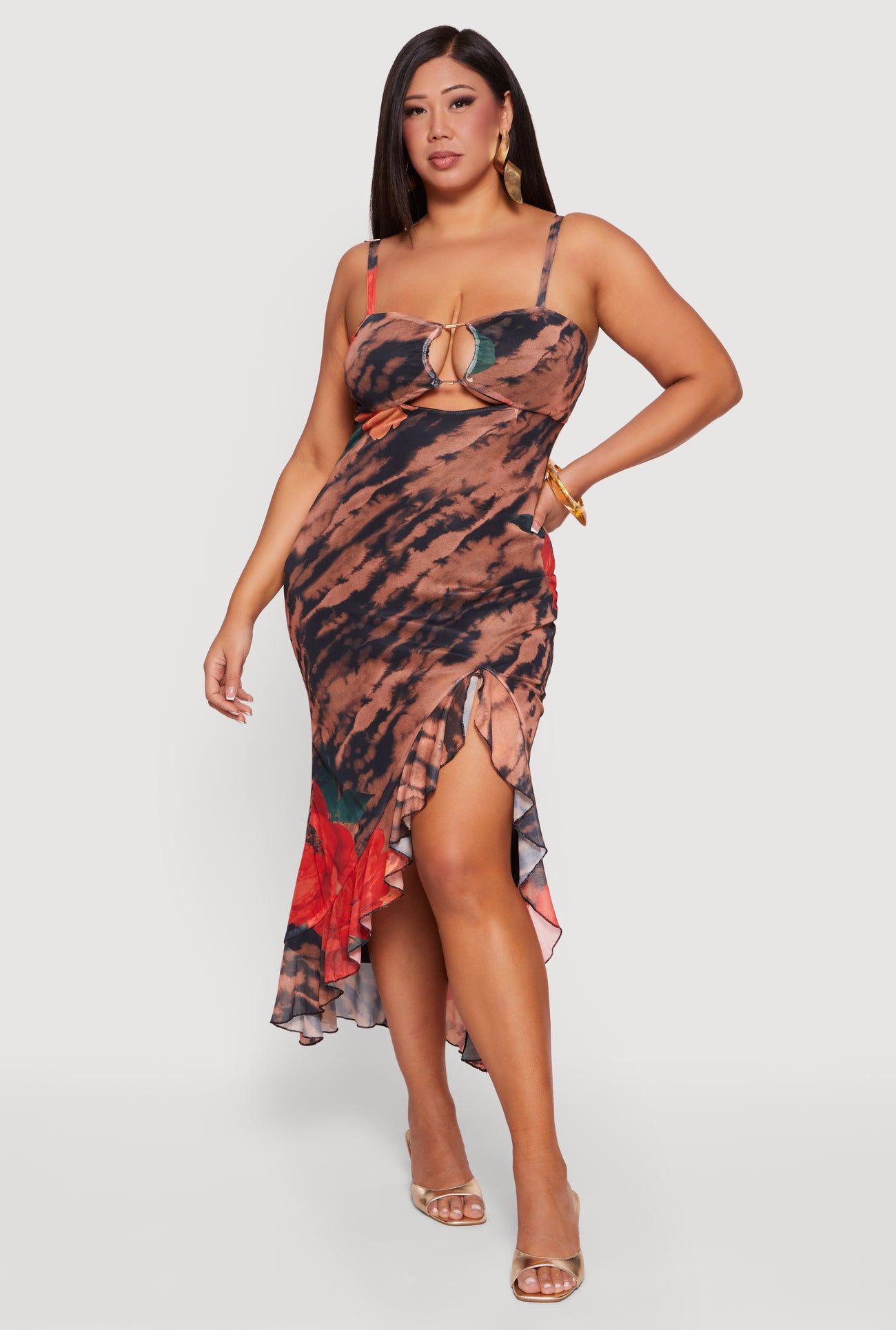 dress long mesh plus flowers Plus Size Floral Printed Pattern Ruffle Hem Mesh Dress
