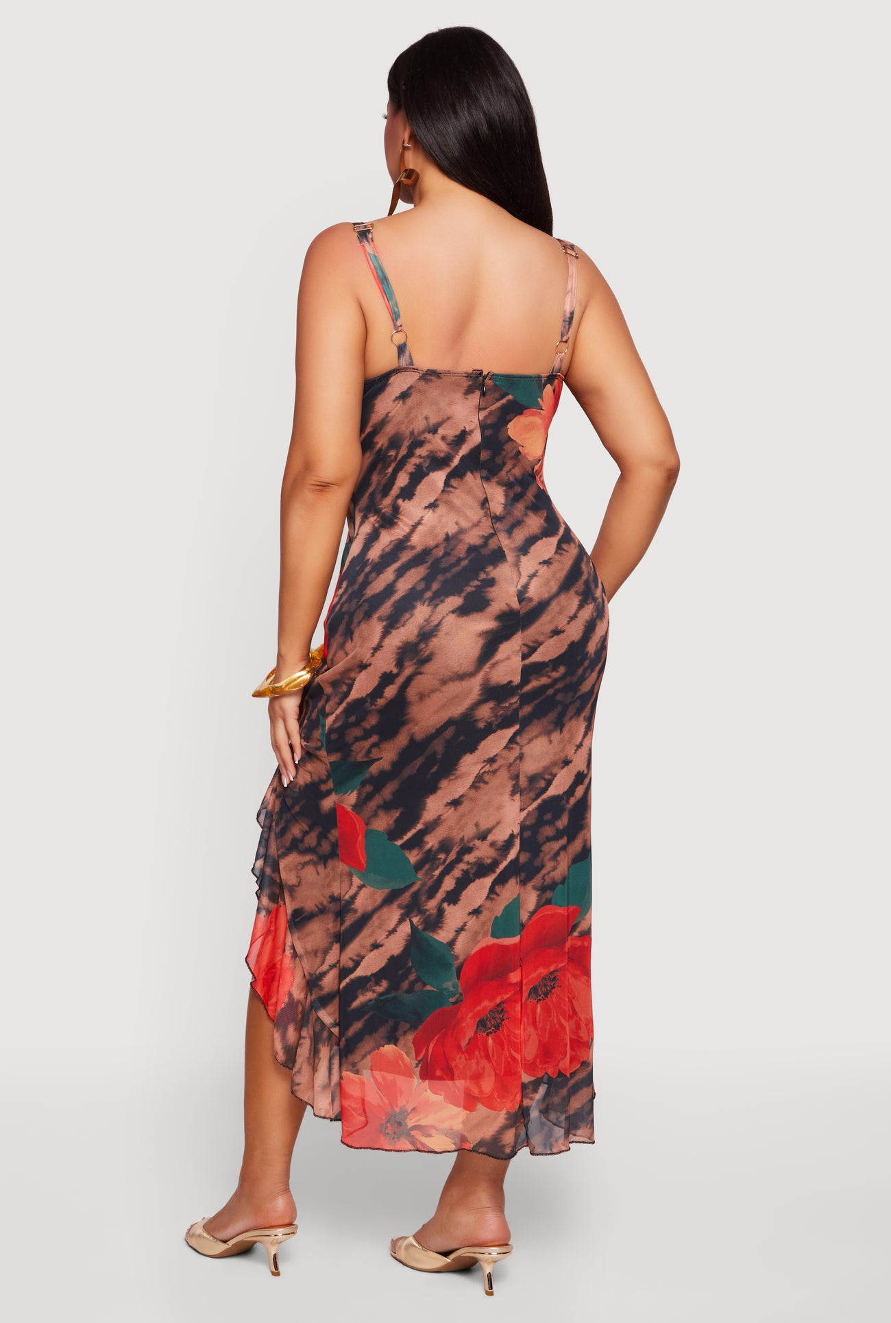 Plus Size Floral Printed Pattern Ruffle Hem Mesh Dress