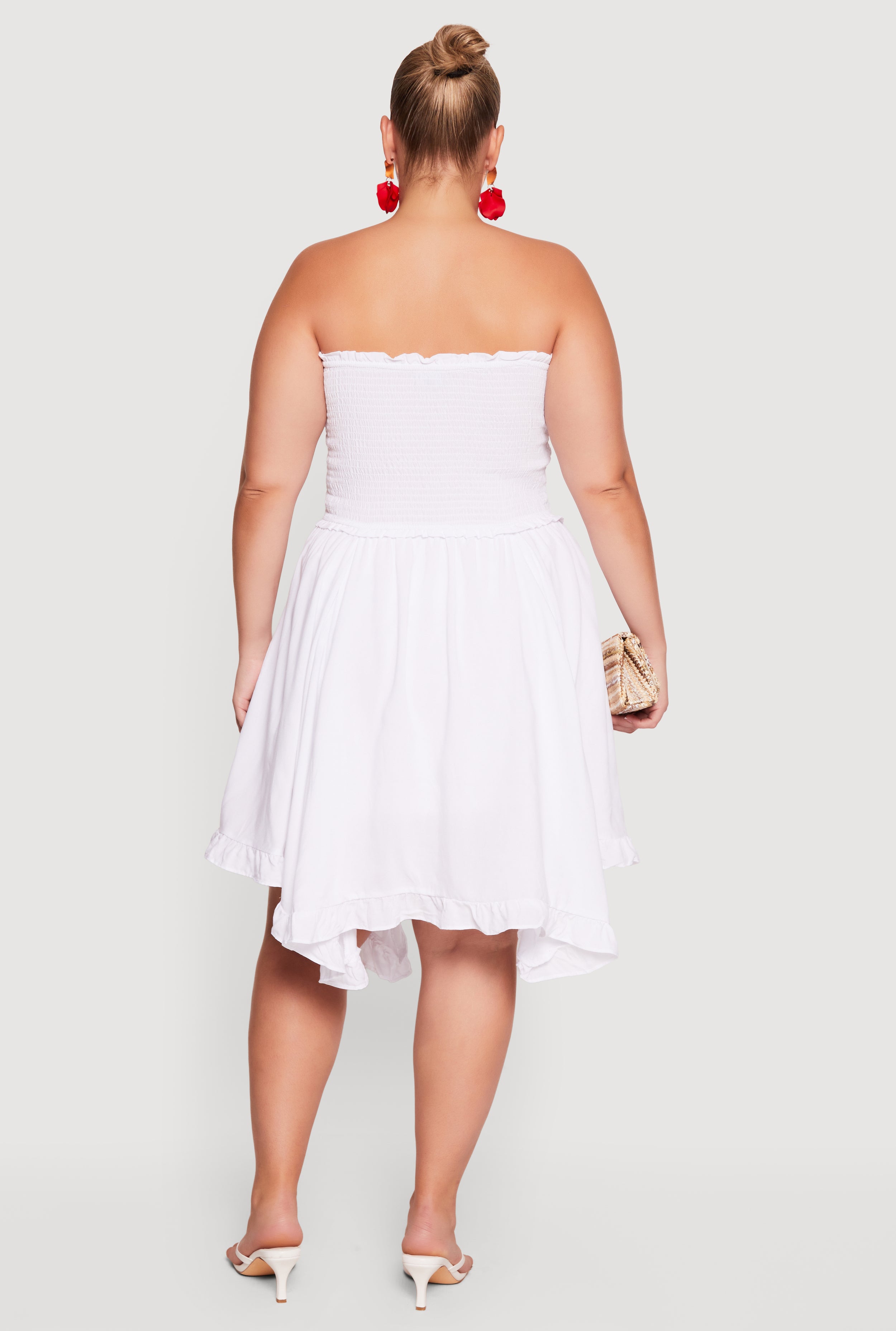 Plus Size Solid Handkerchief Hem Smocked Strapless Dress