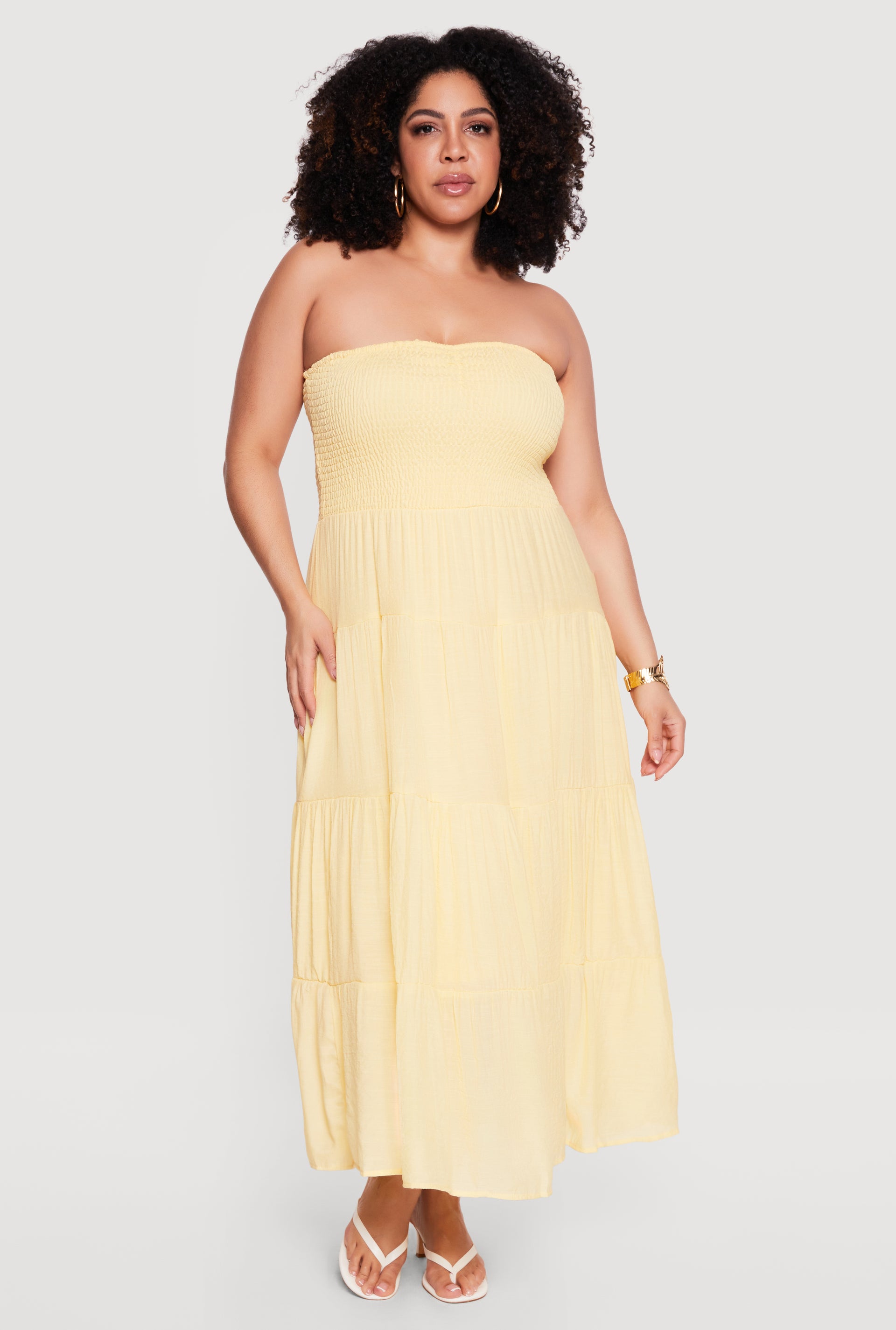 Womens Plus Size Smocked Tube Tiered Gauze Knit Maxi Dress, Yellow, Size 3X