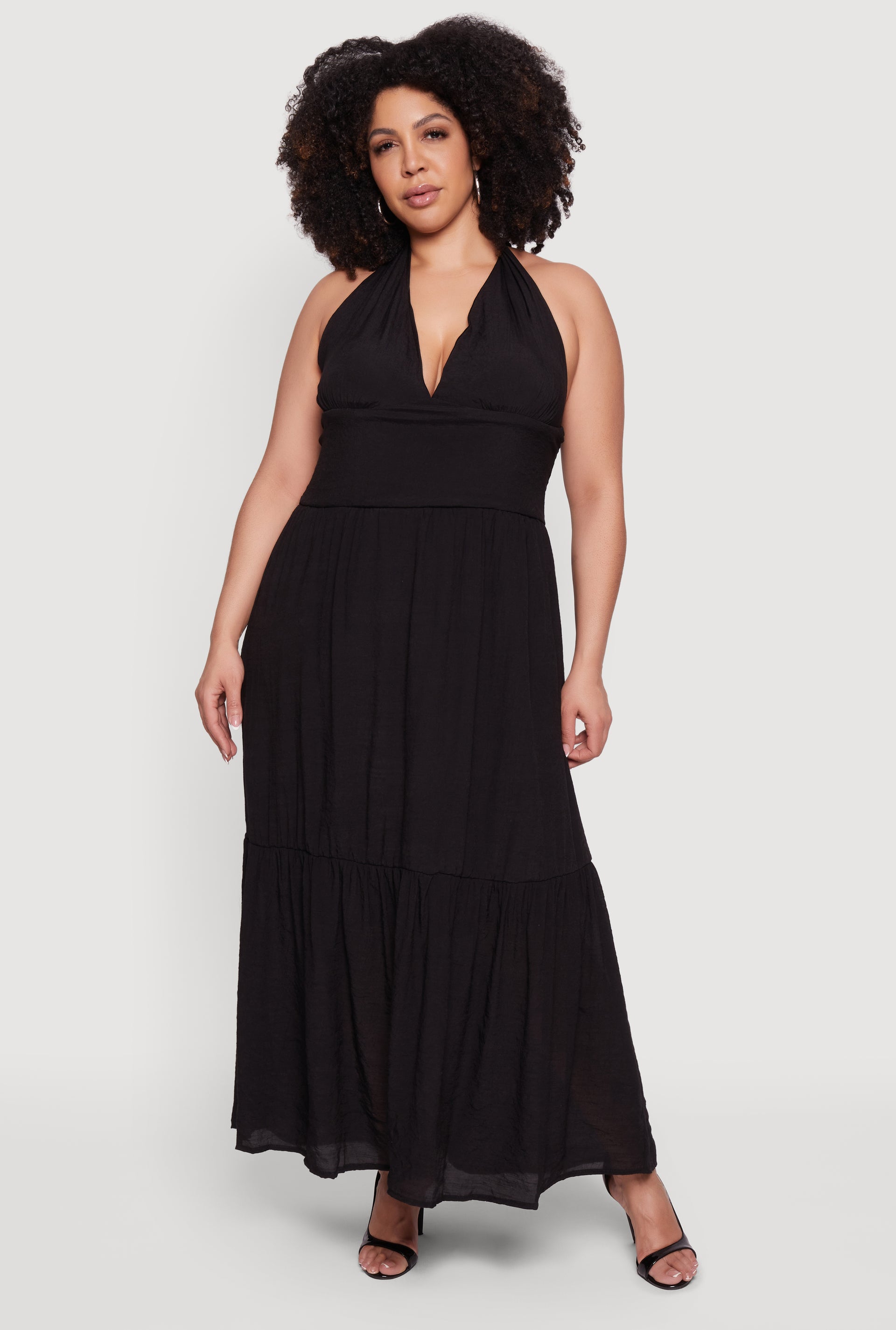 Womens Plus Size Halter Neck Sleeveless Tiered Maxi Dress, Black, Size 2X
