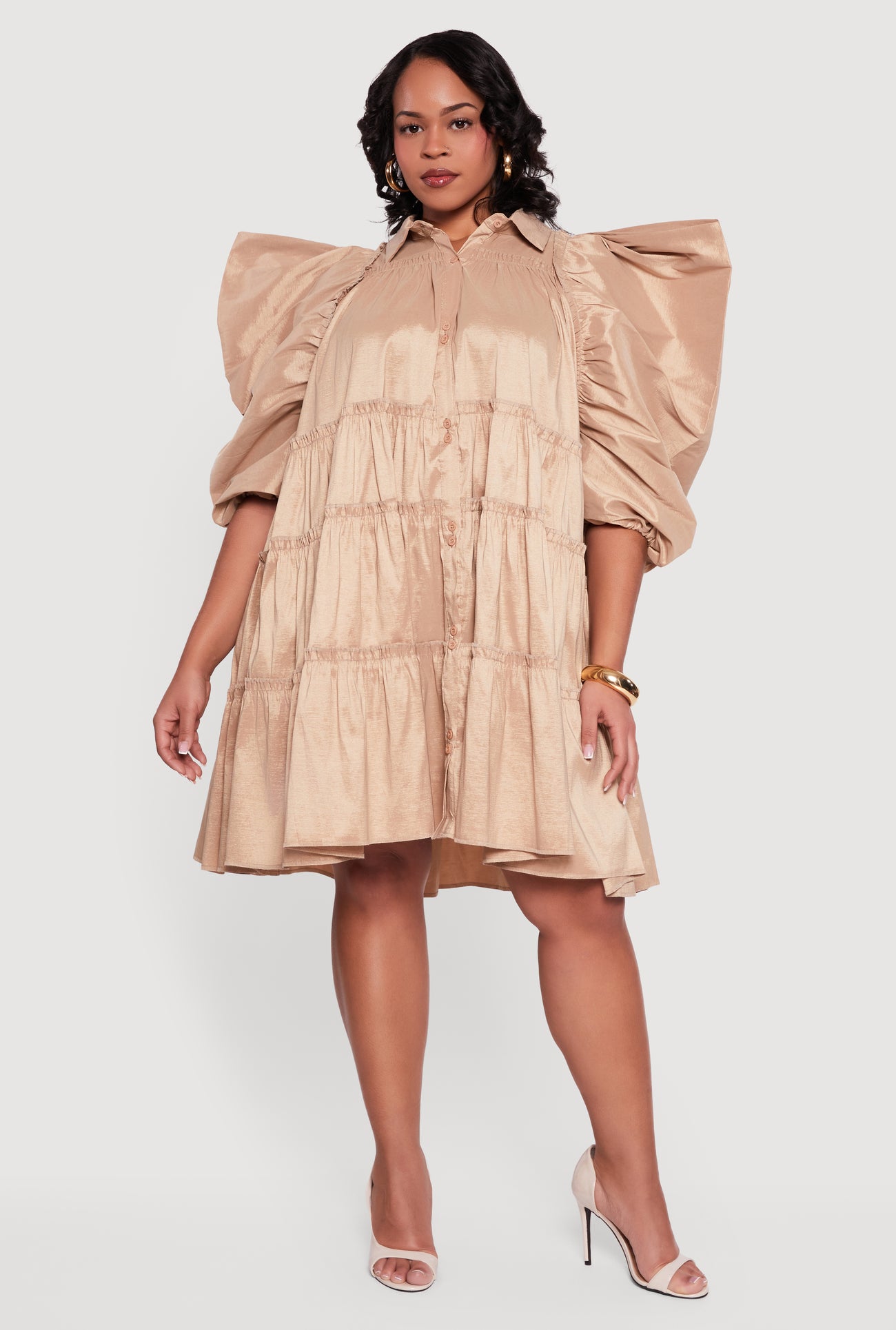 Plus Size Puff Sleeve Ruffle Tiered Button Front Shirt Dress