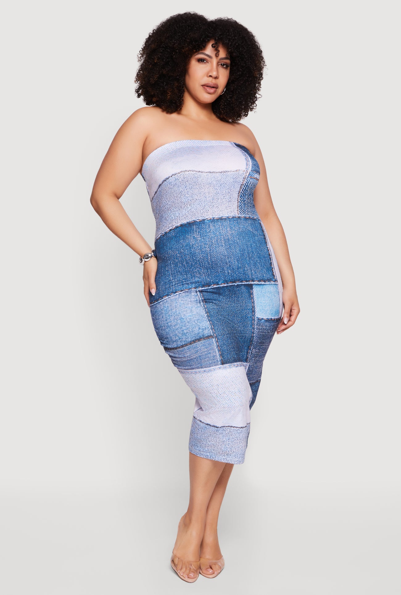 Plus Size Denim Patchwork Graphic Tube Midi Dress Plus Size Denim Patchwork Graphic Tube Midi Dress