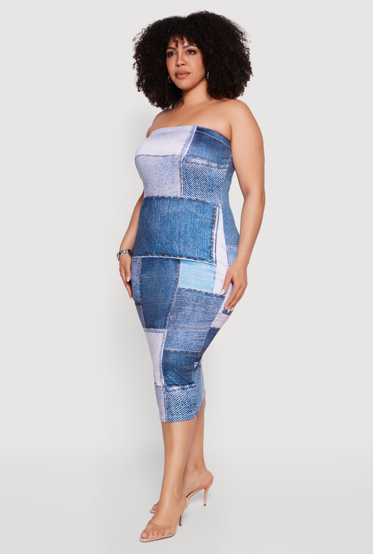 Plus Size Denim Patchwork Graphic Tube Midi Dress