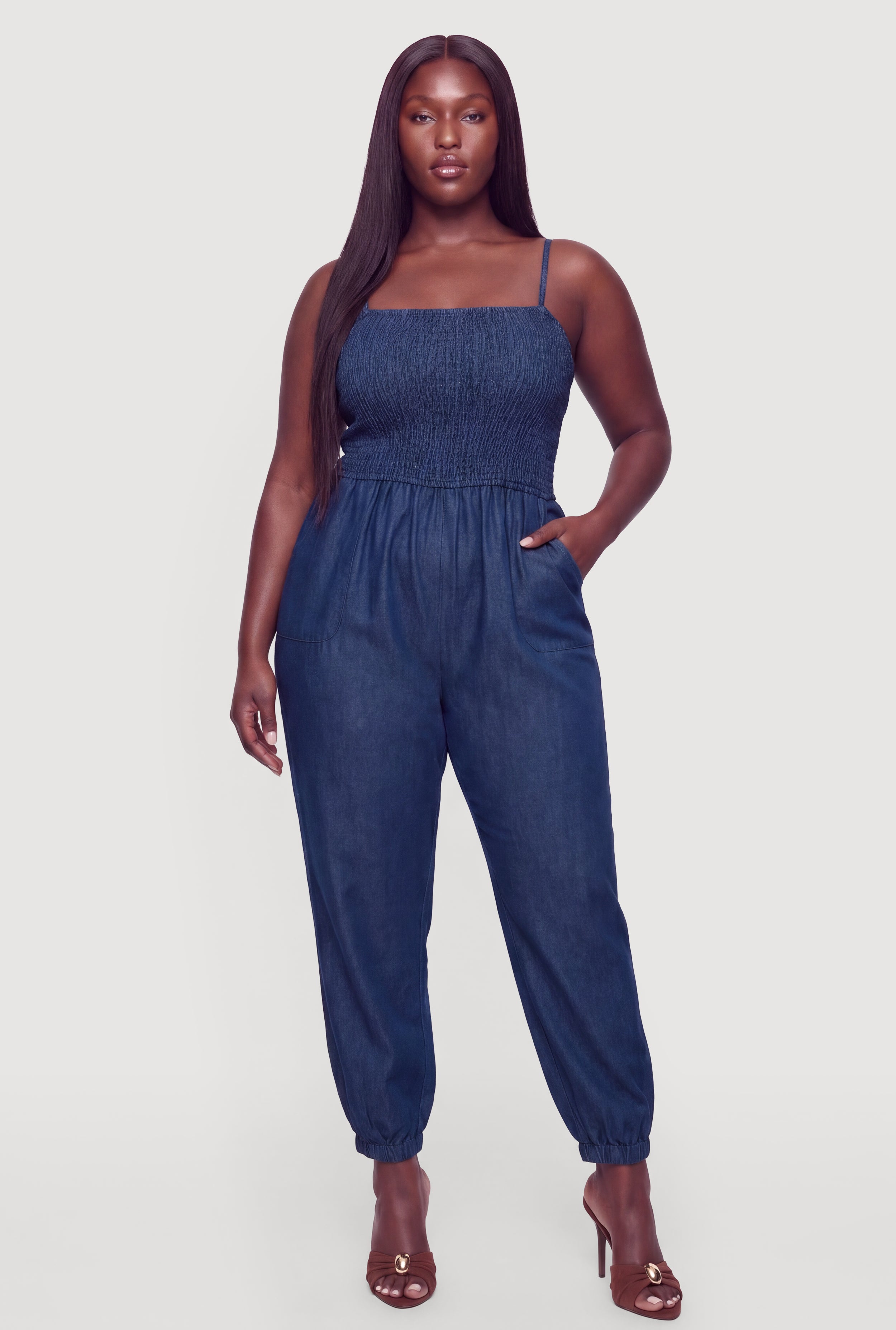 Plus Size Chambray Smocked Square Neck Jumpsuit