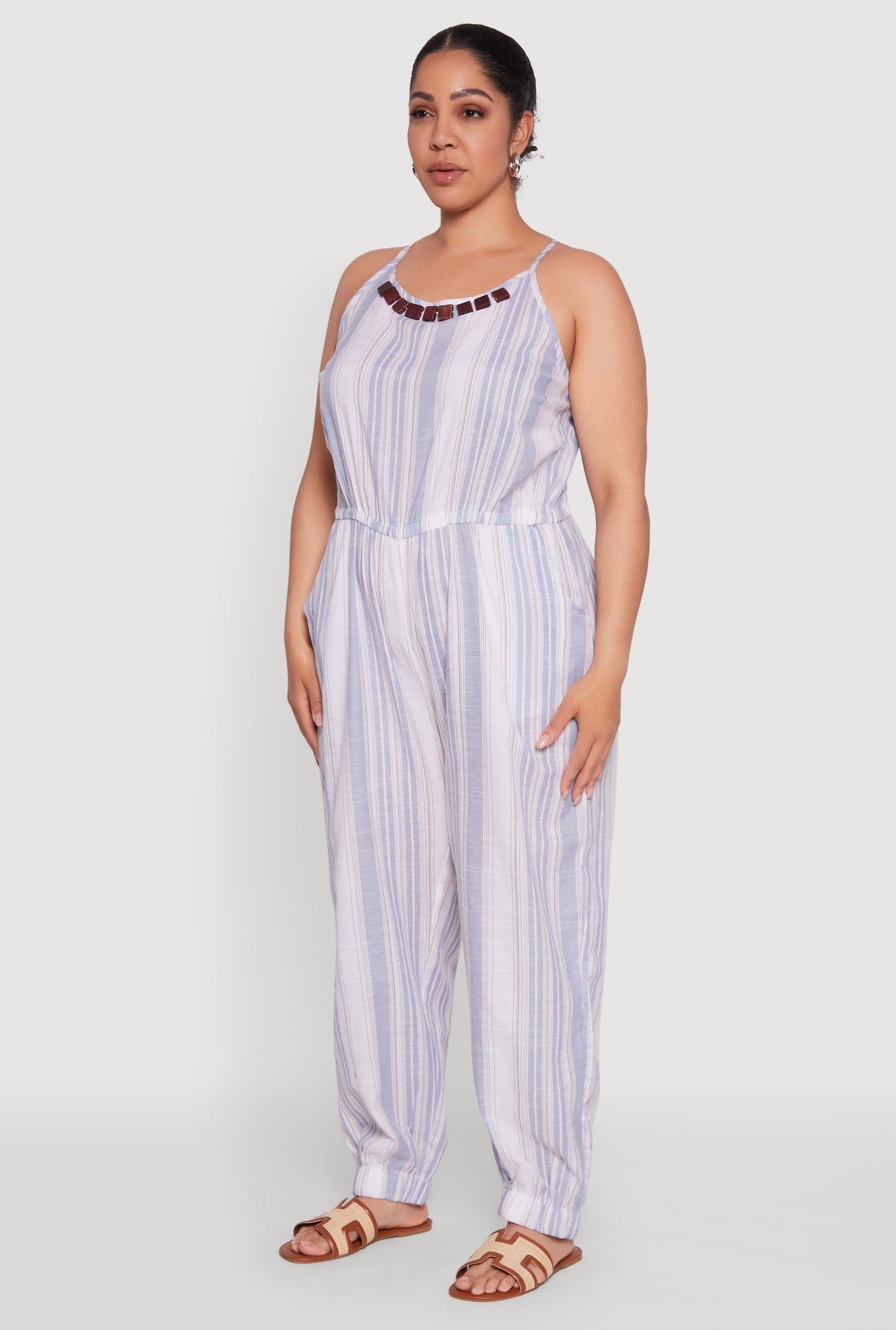 Plus Size Striped Wood Beaded Trim Jumpsuit