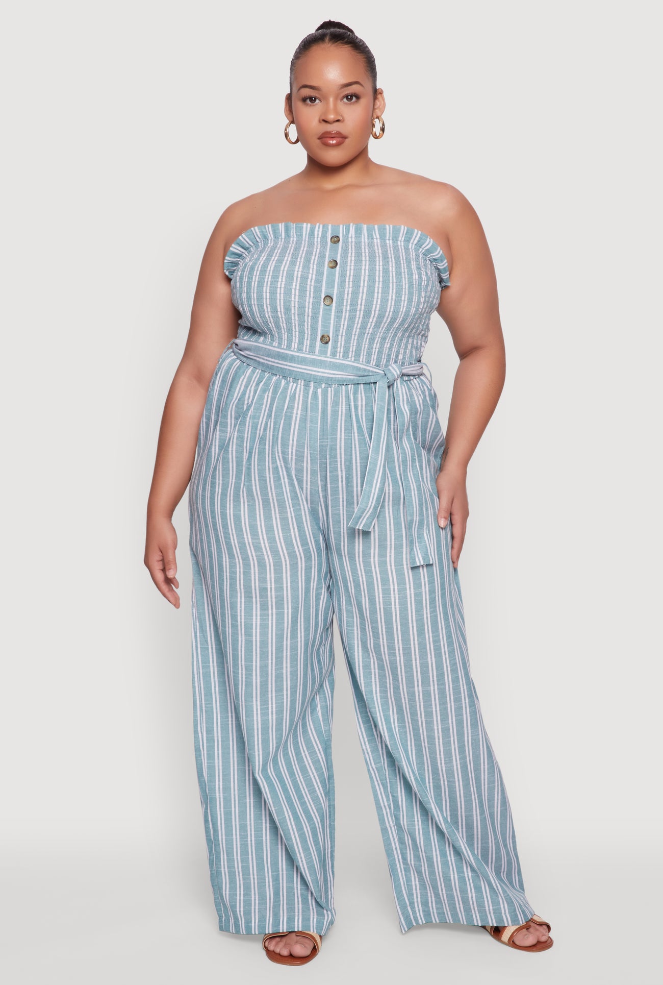Plus Size Smocked Pinstripe Jumpsuit