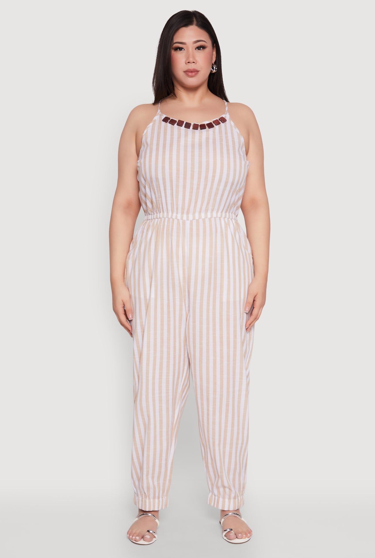 Plus Size Wooden Beaded Detail Striped Jumpsuit