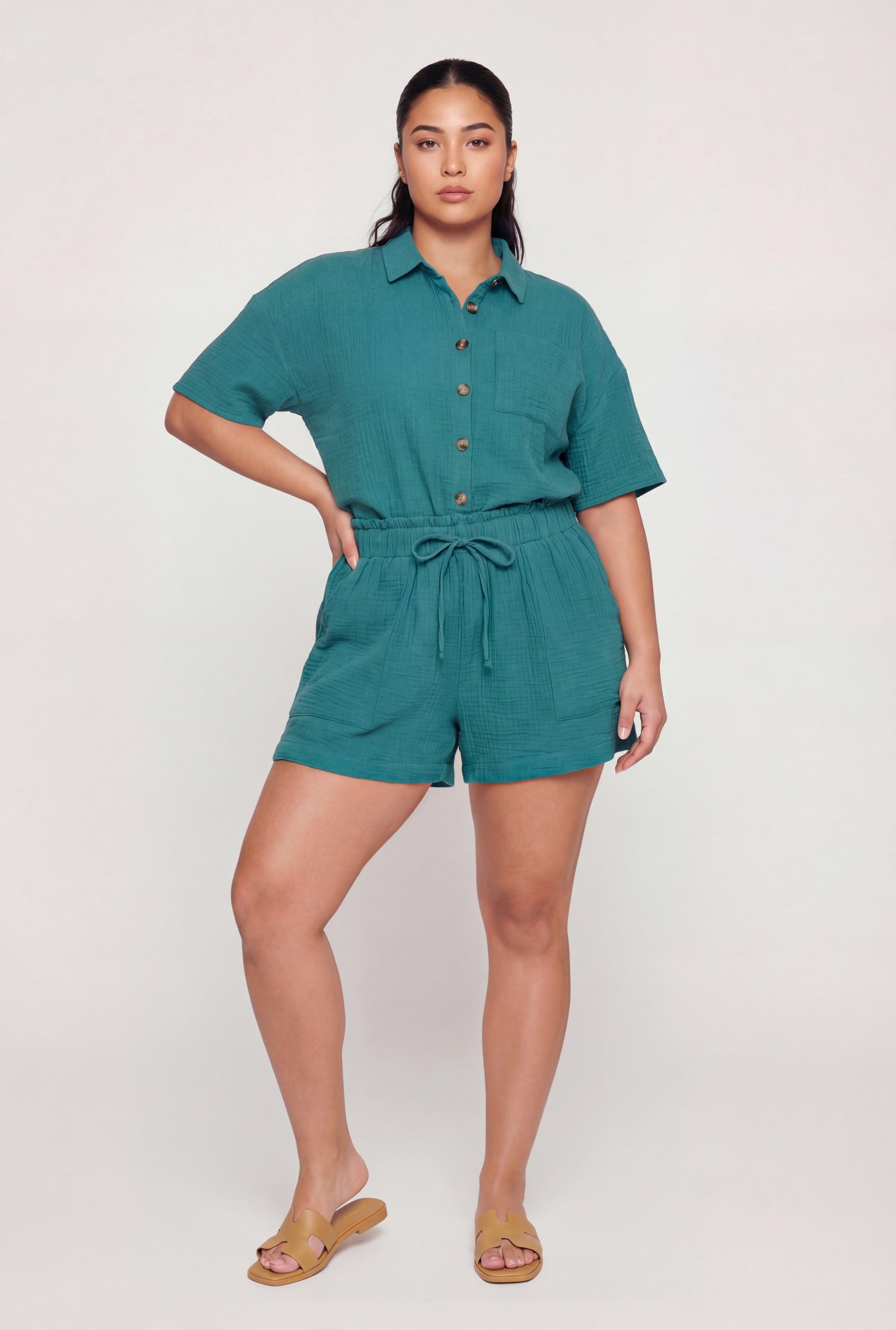 Plus Size Paper Bag High Waisted Gauze Knit Shorts