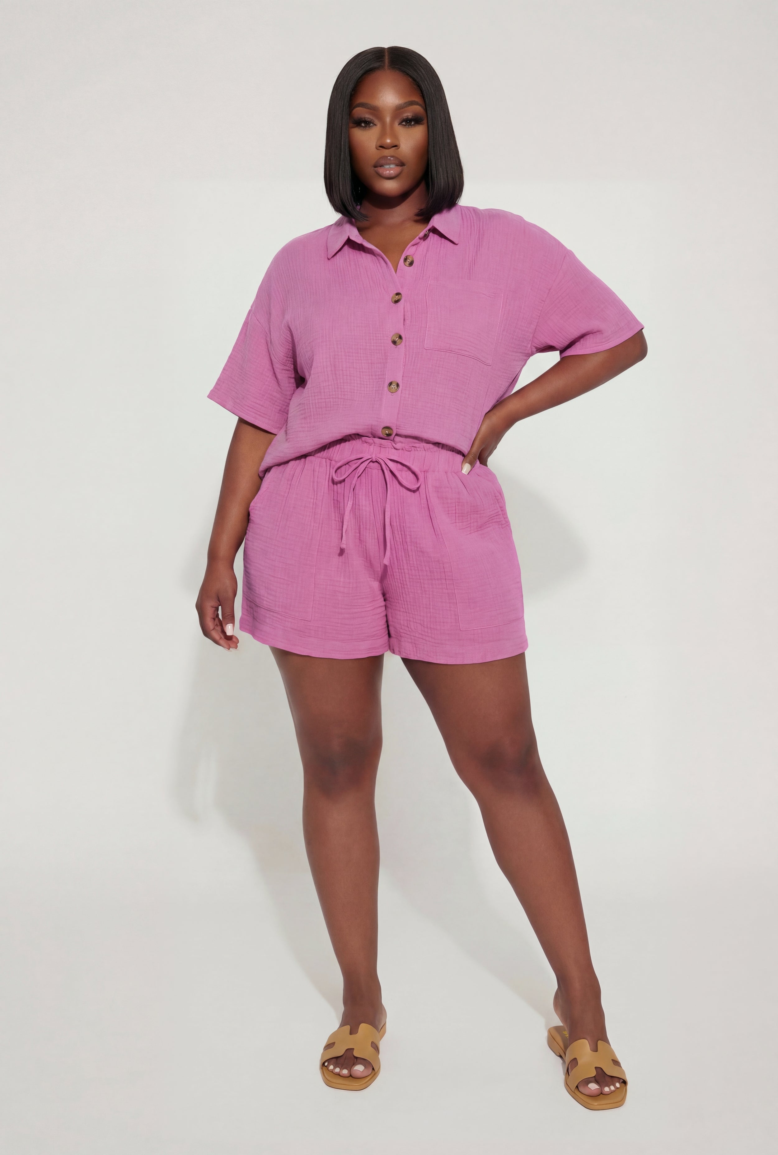 Plus Size Paper Bag High Waisted Gauze Knit Shorts