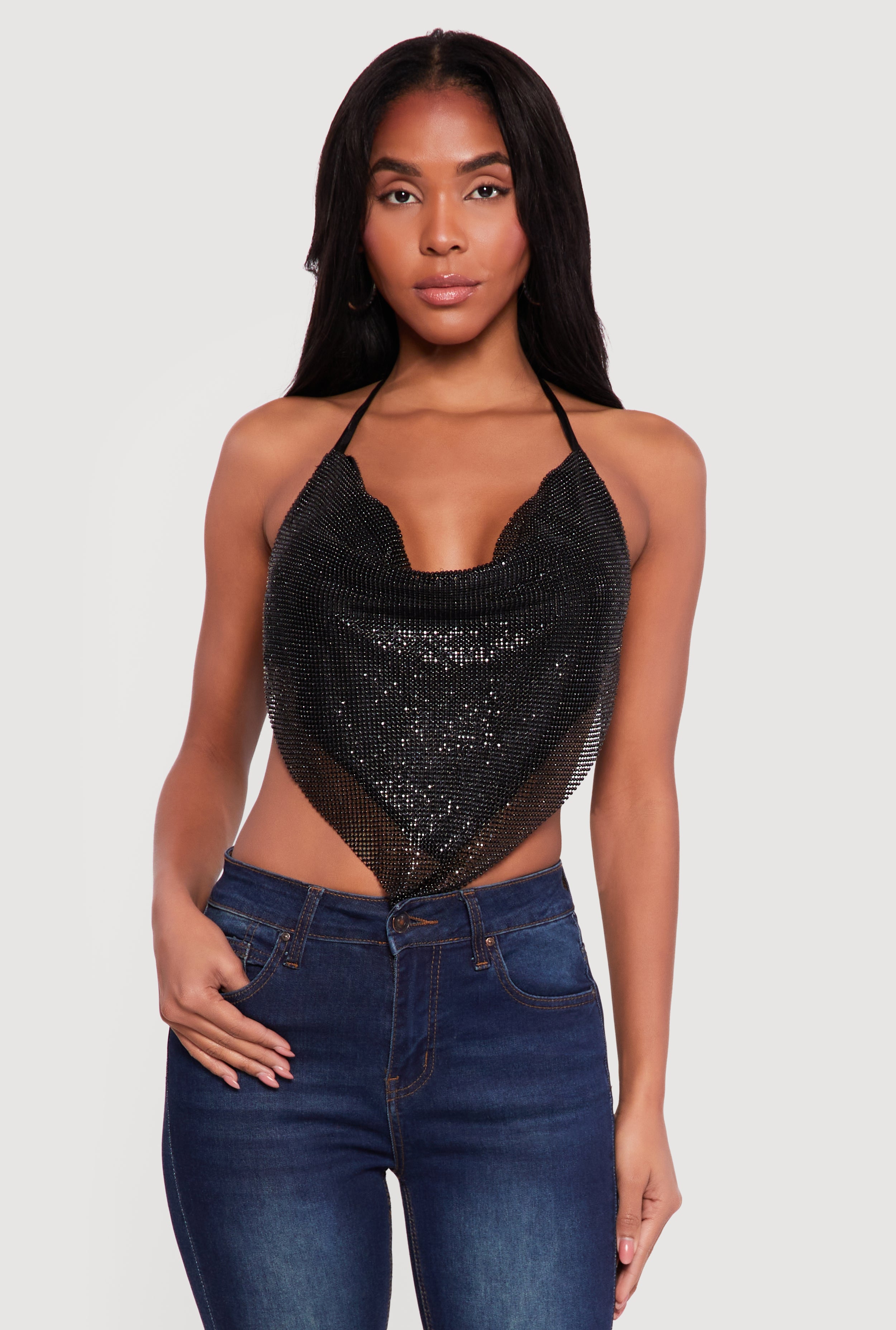 Rhinestone Hanky Hem Open Back Halter Top