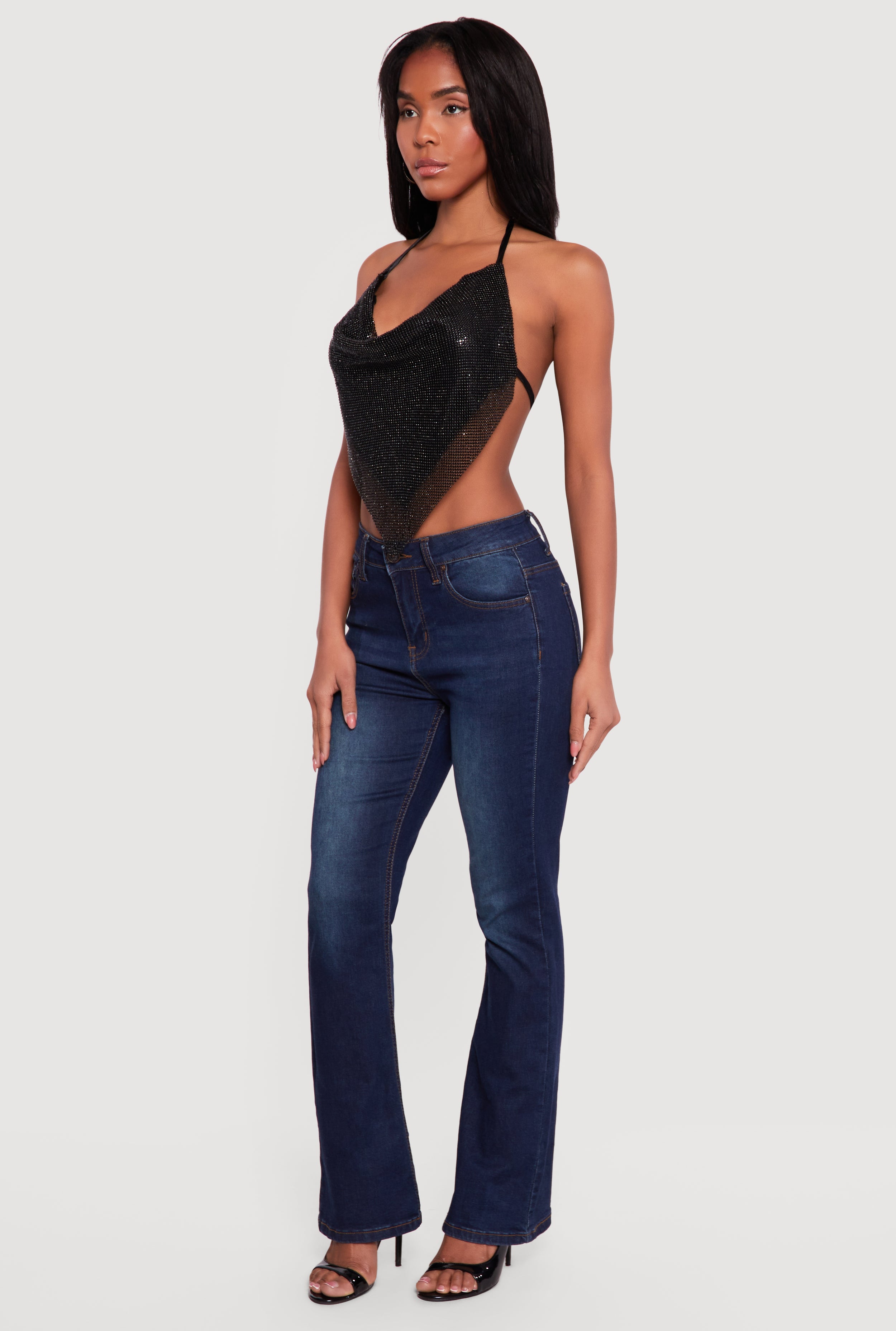 Rhinestone Hanky Hem Open Back Halter Top