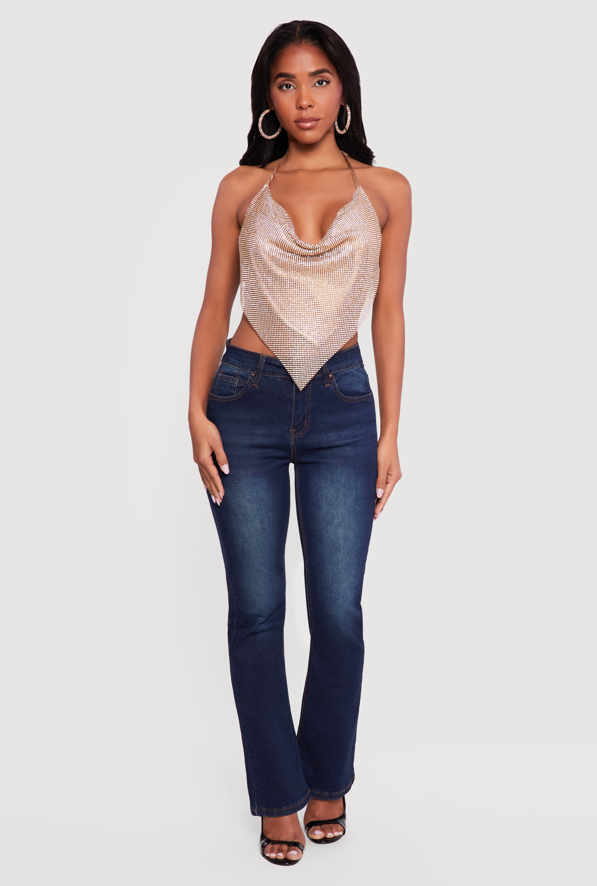 ○様　DIANTE Rhinestone halter neck tops Rhinestone Halter Neck Top, Sexy Hanky Hem Backless Halter Top