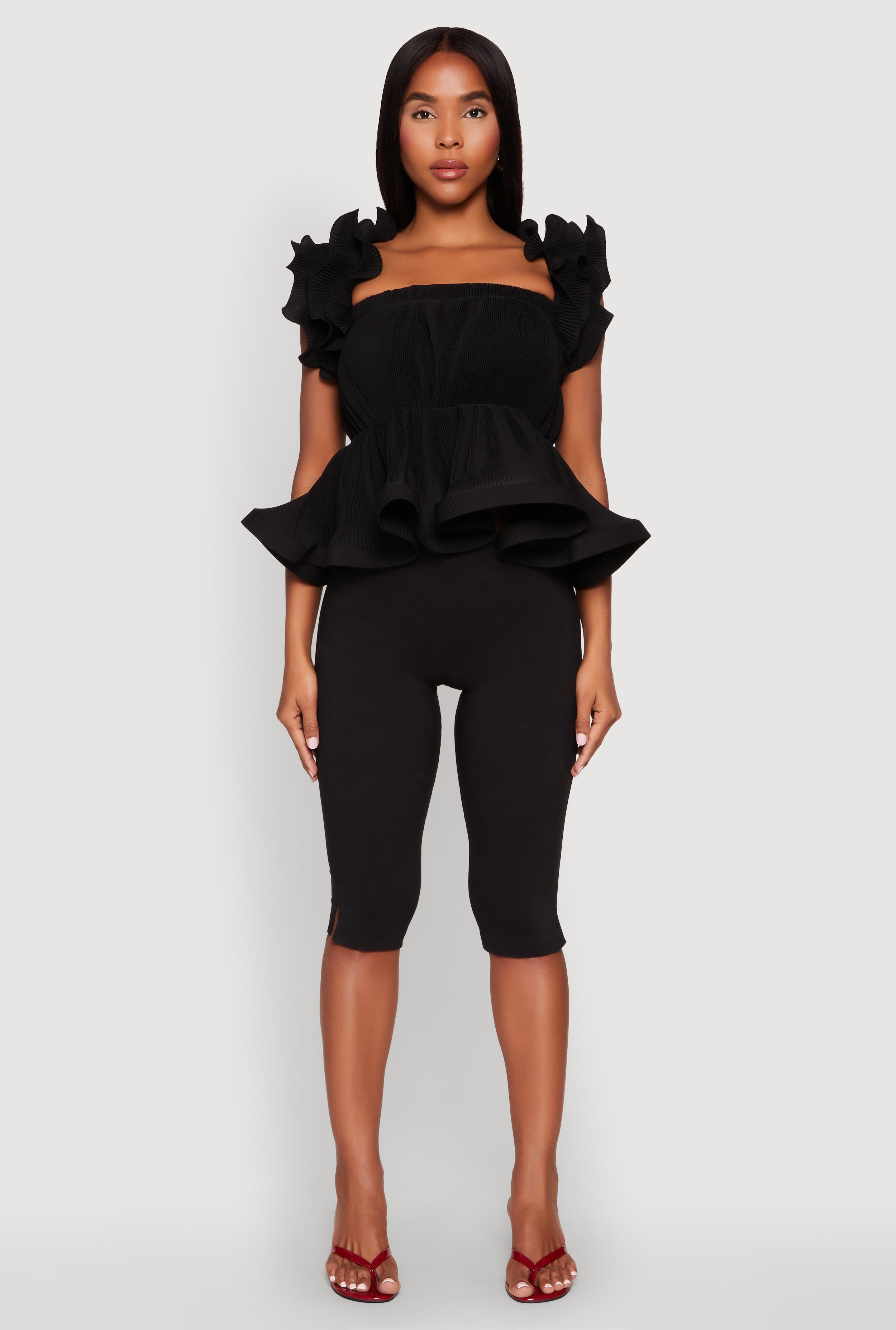 Ruffle Sleeve Plisse Peplum Top