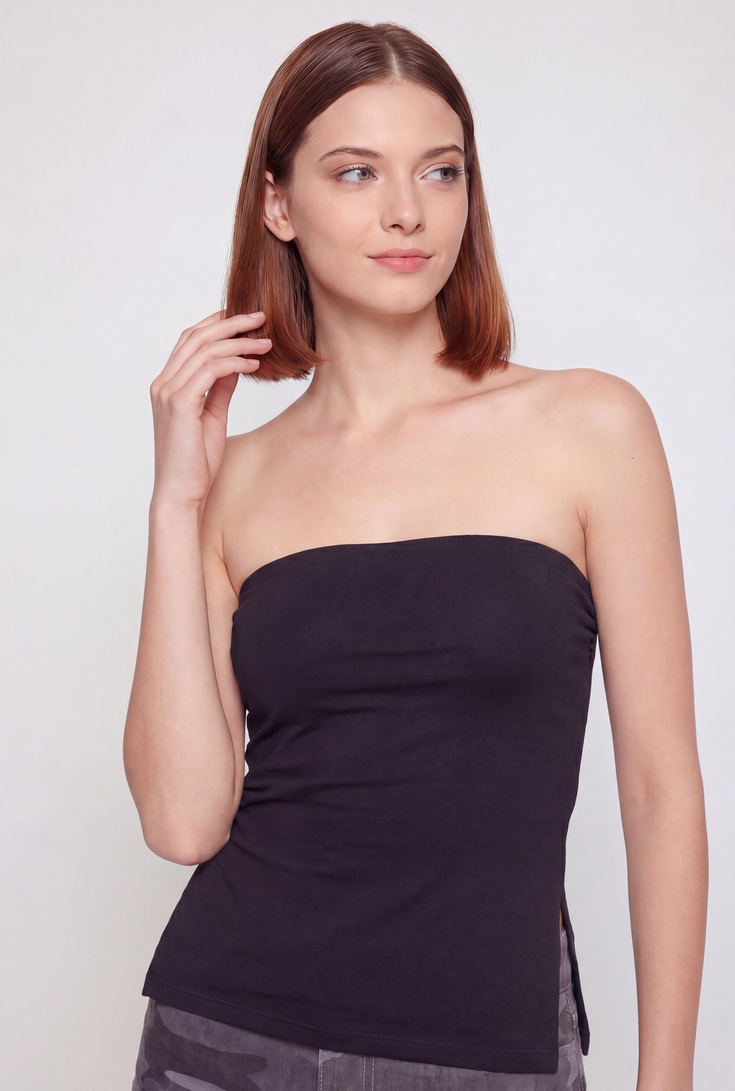 Ruched Side Tube Top with Side Slits