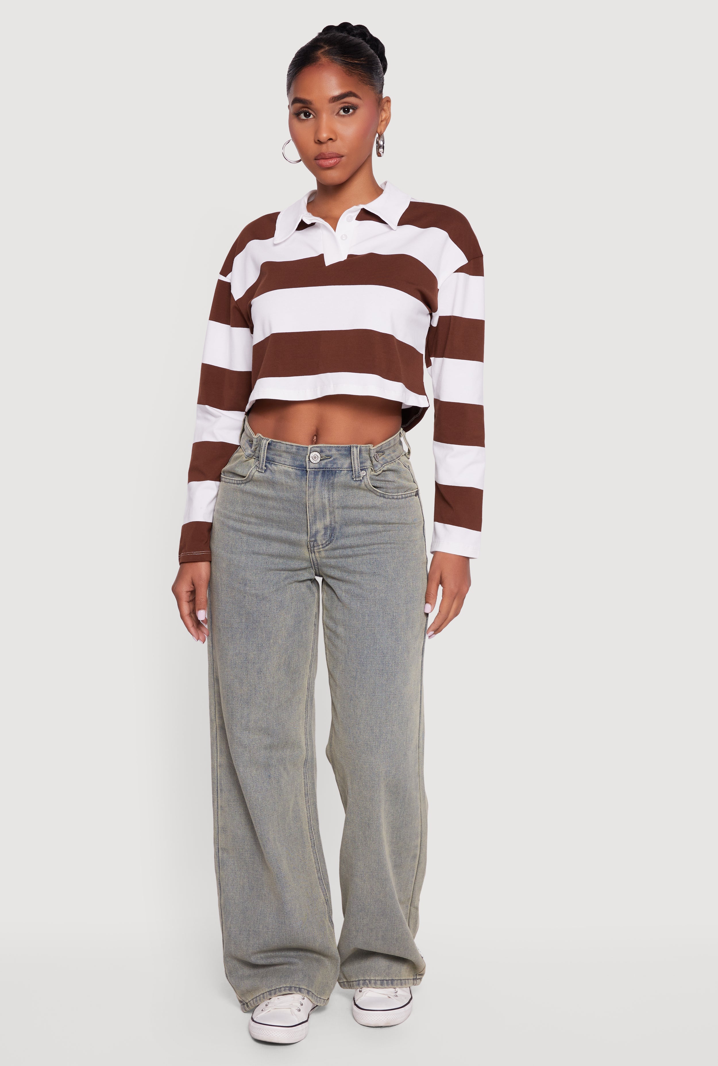 Striped Long Sleeve Polo Crop Top