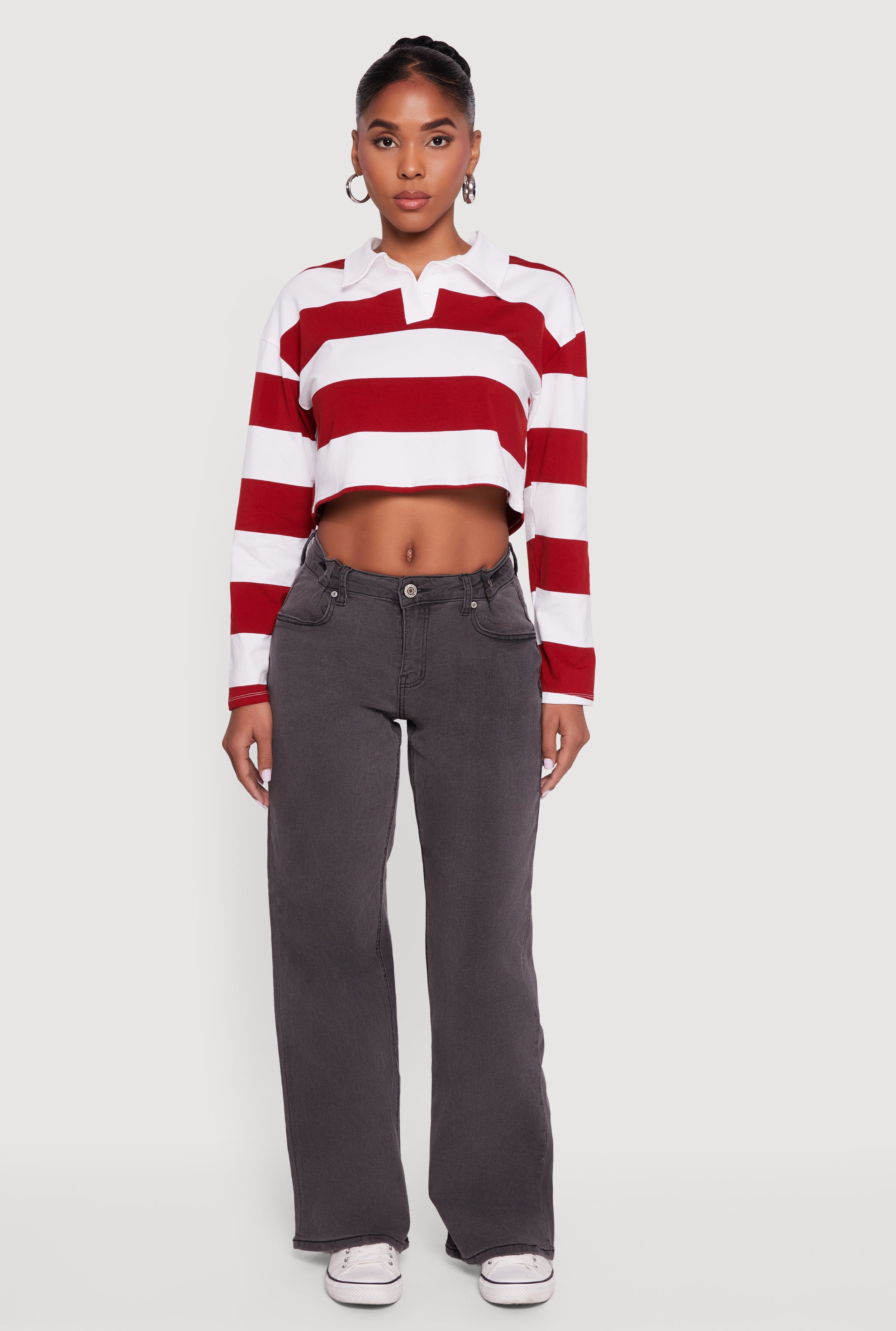 Striped Long Sleeve Polo Crop Top
