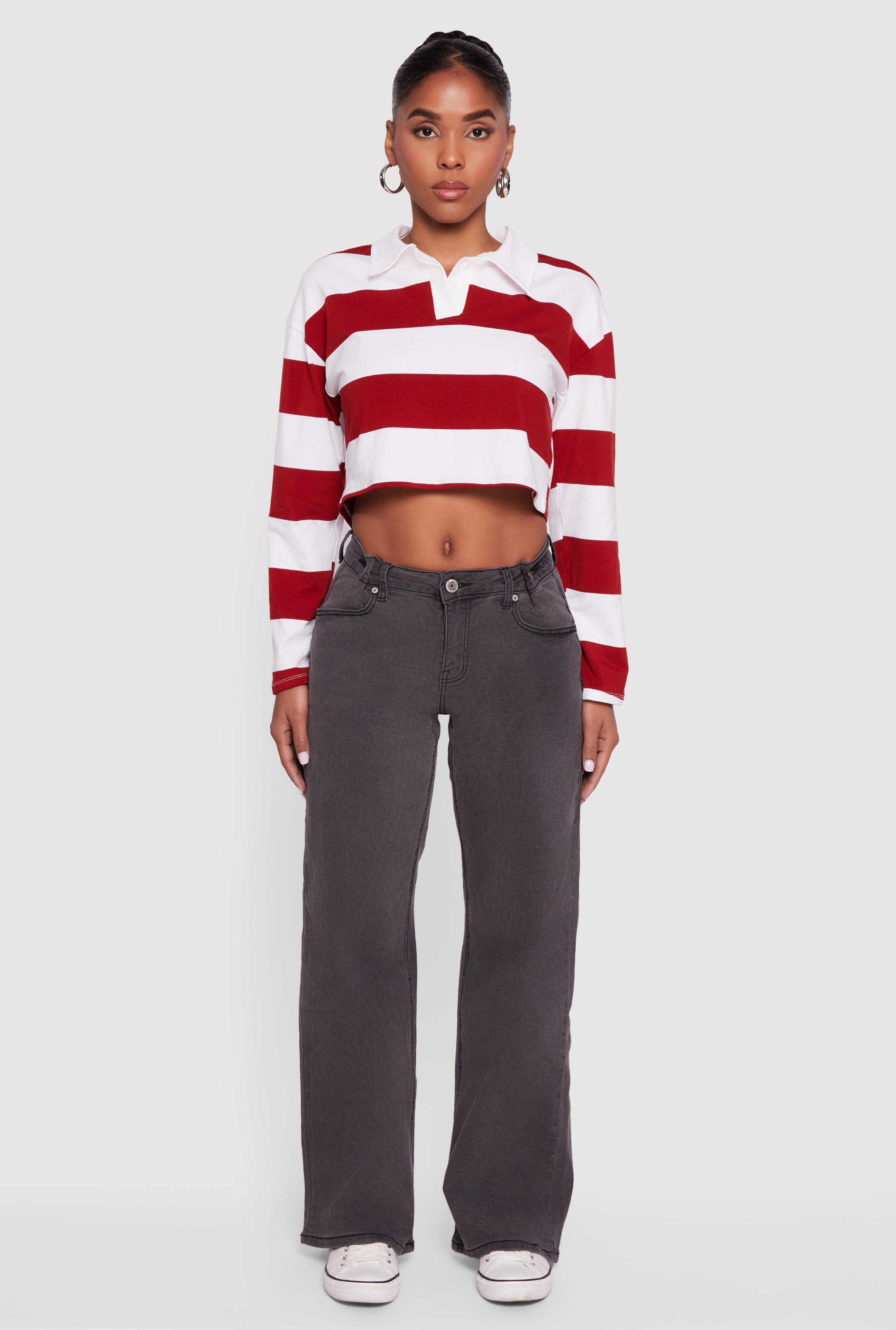 トップス OVY Two Layers Long Sleeve Polo Striped Long Sleeve Polo Crop Top