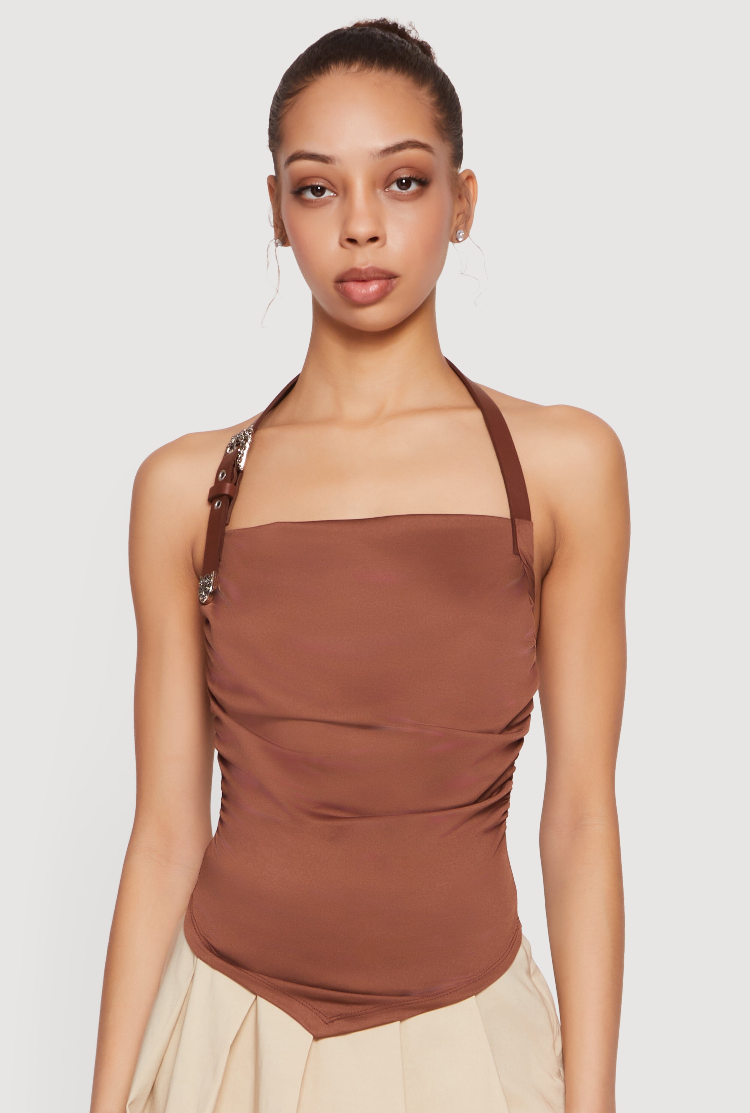 新作overdueflair STRAP HALTER TOP Silky Halter Buckle Strap Top 