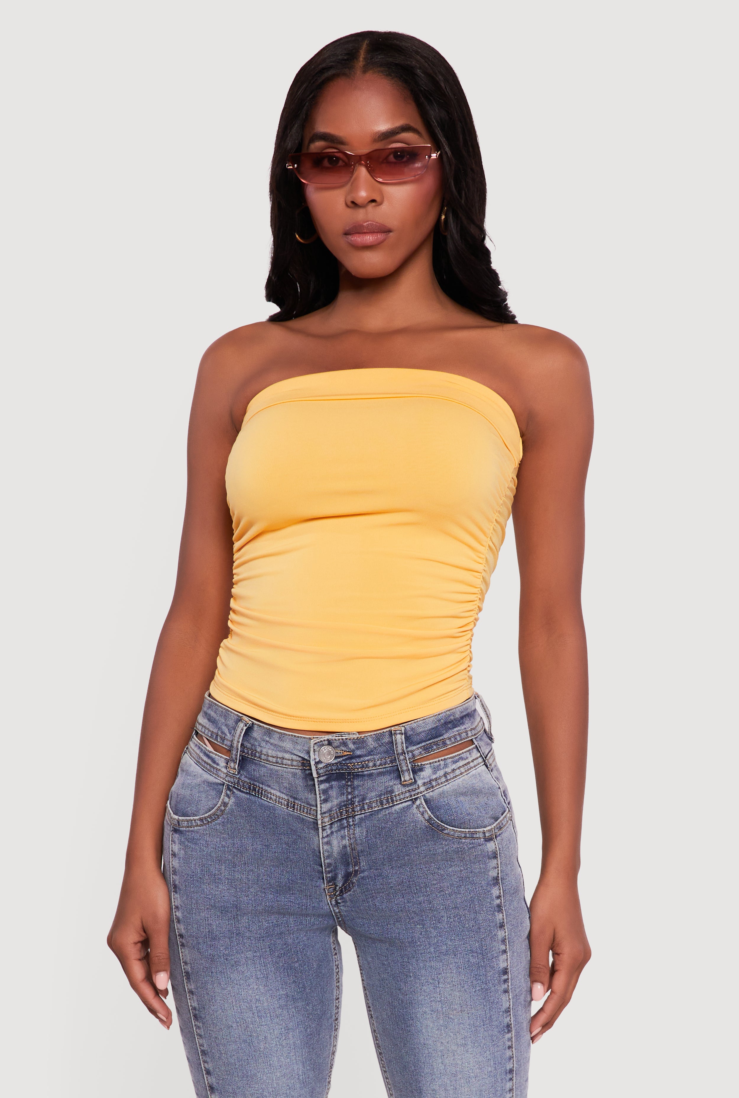 Solid Cropped Ruched Side Tube Top