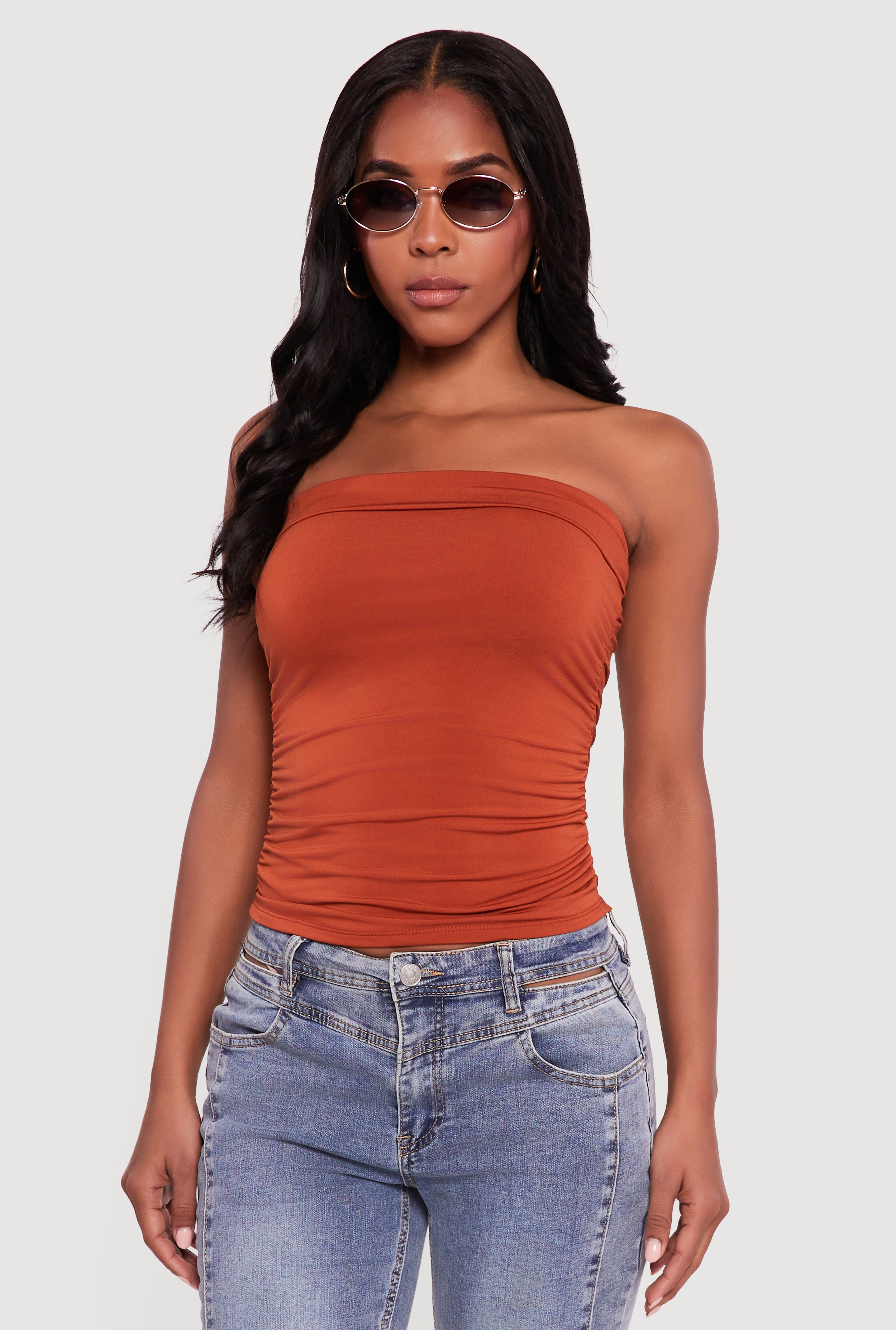 Solid Cropped Ruched Side Tube Top