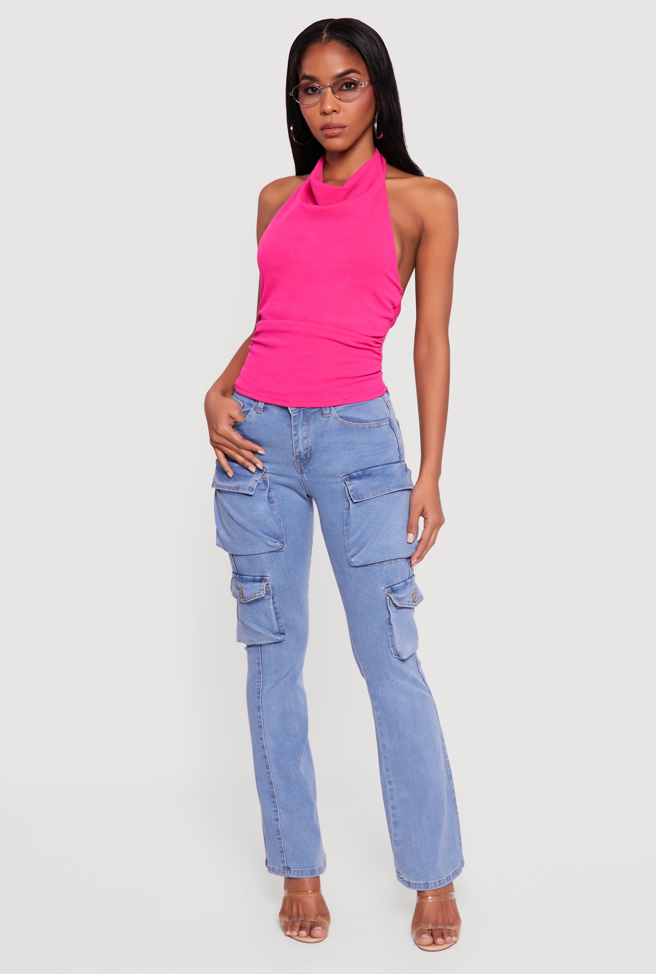 Cowl Neck Ruched Side Halter Top