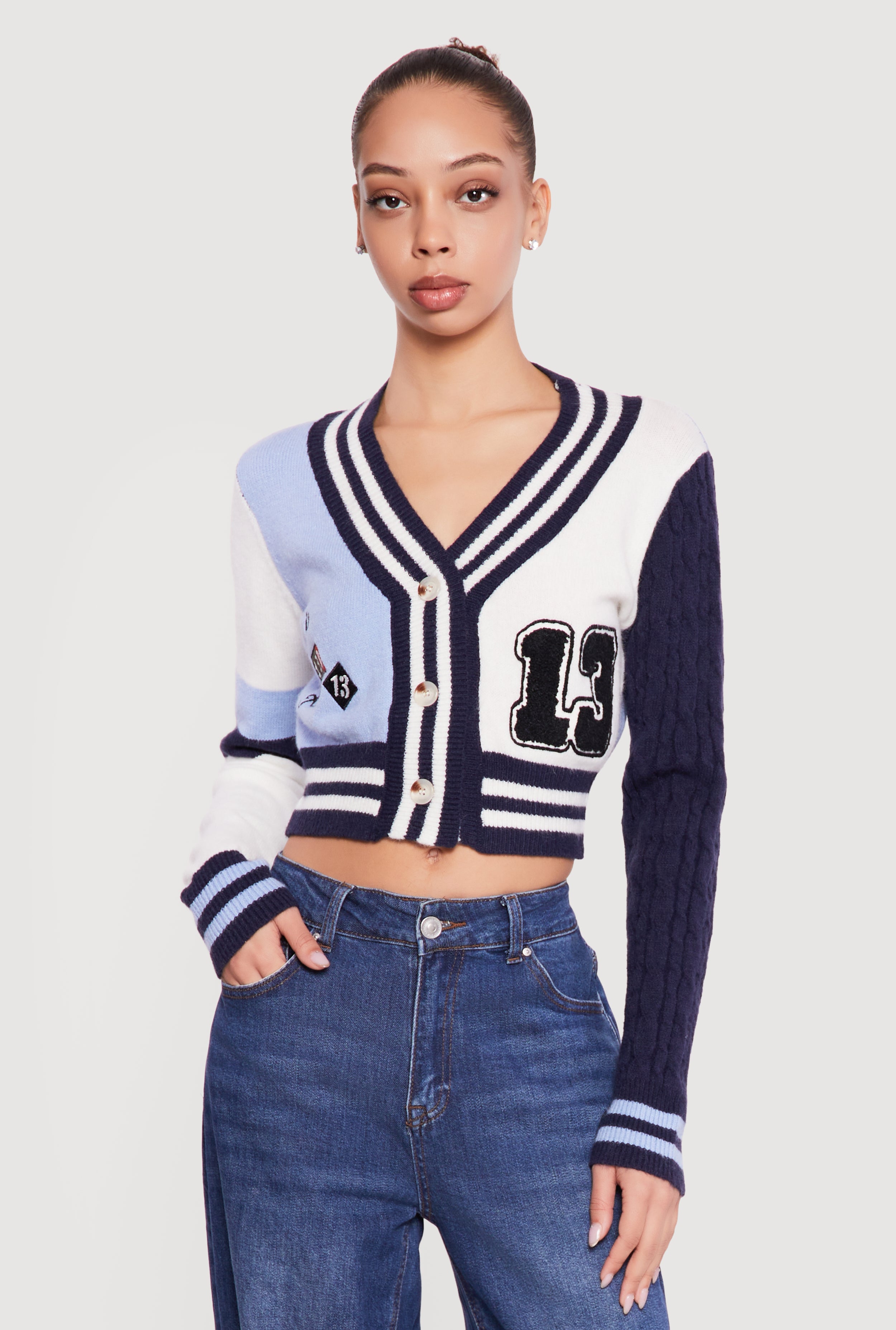 13 Graphic Patch Varsity Cropped Cardigan