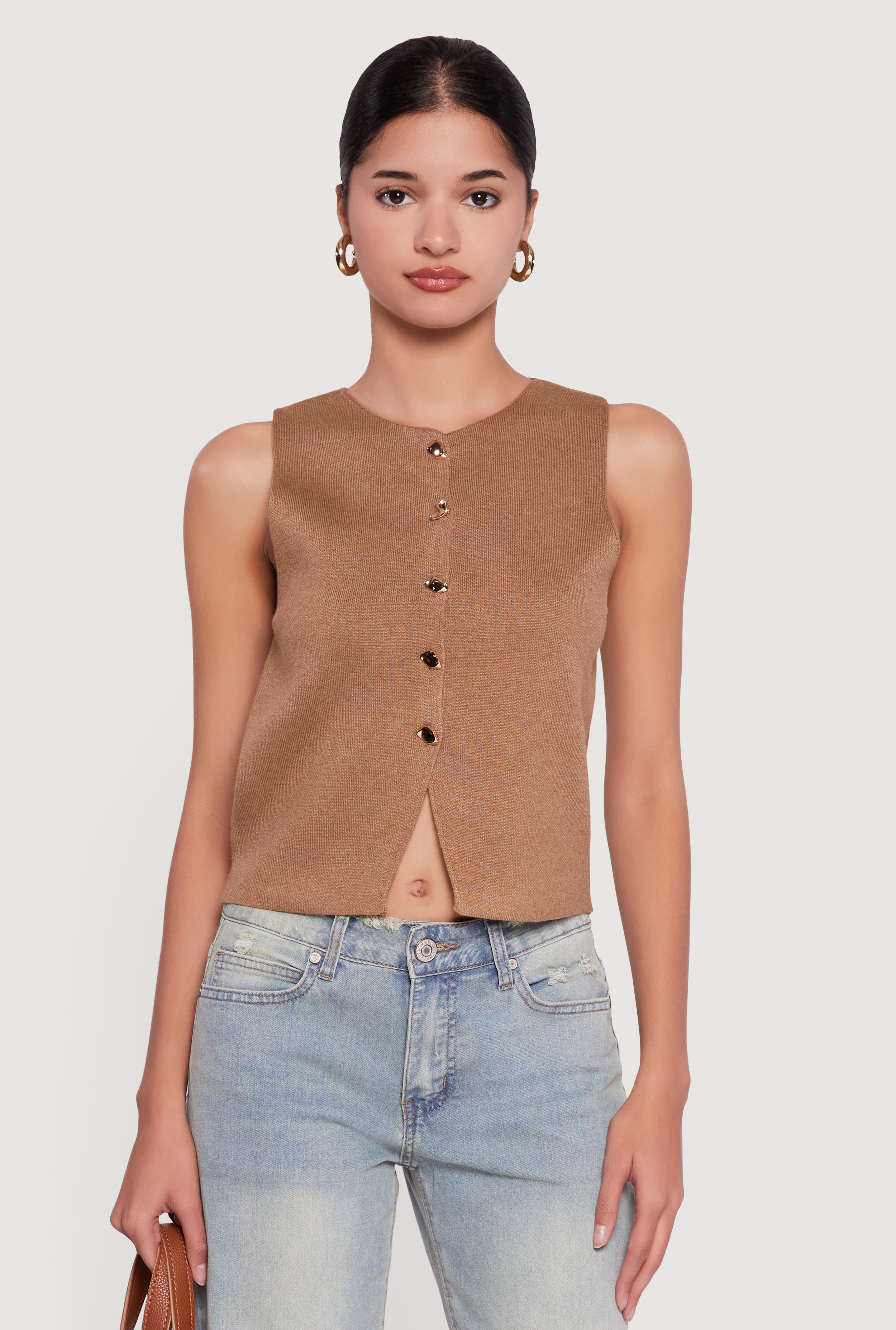 Metallic Button Front Cropped Vest