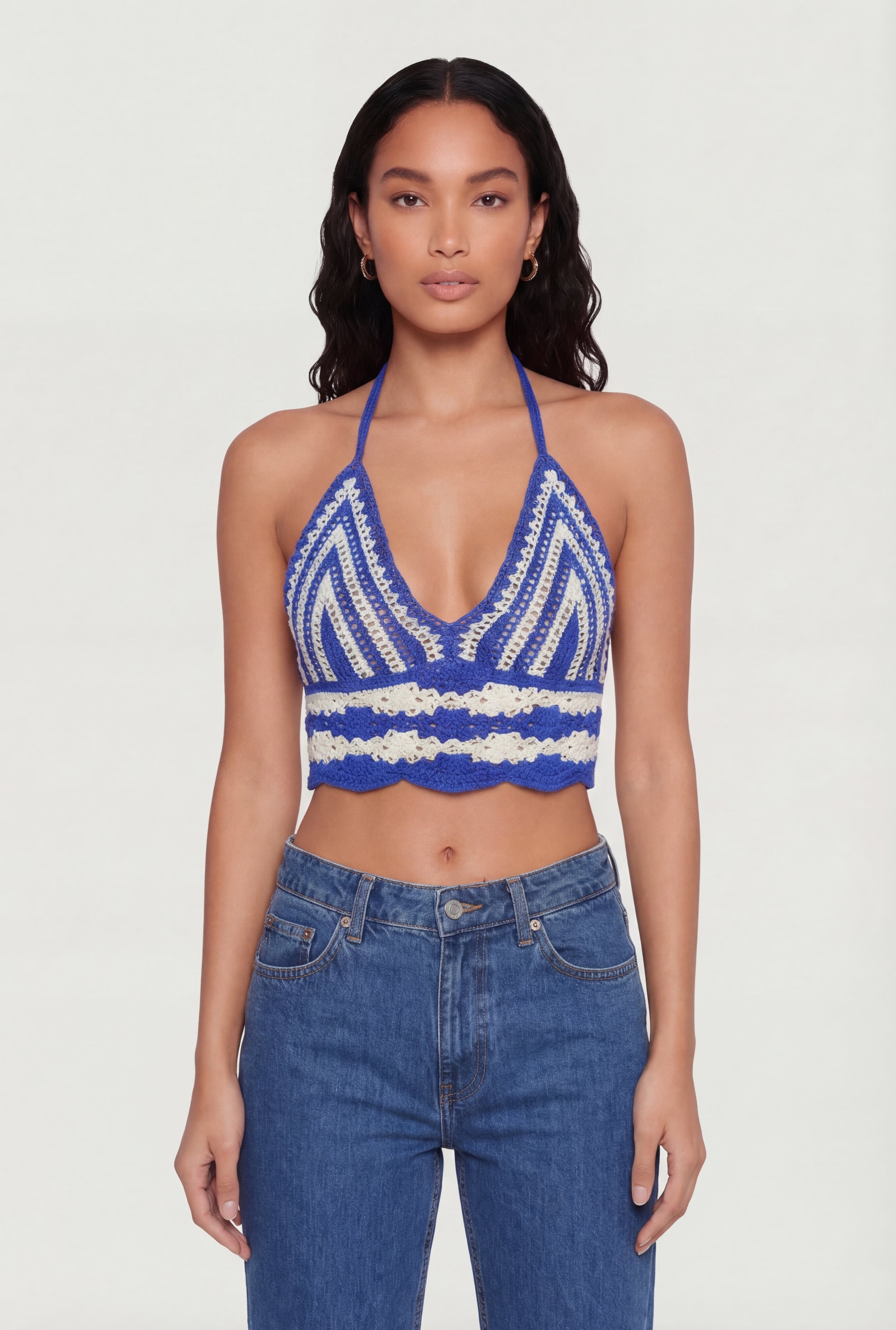 Crochet Scalloped Hem Halter Crop Top
