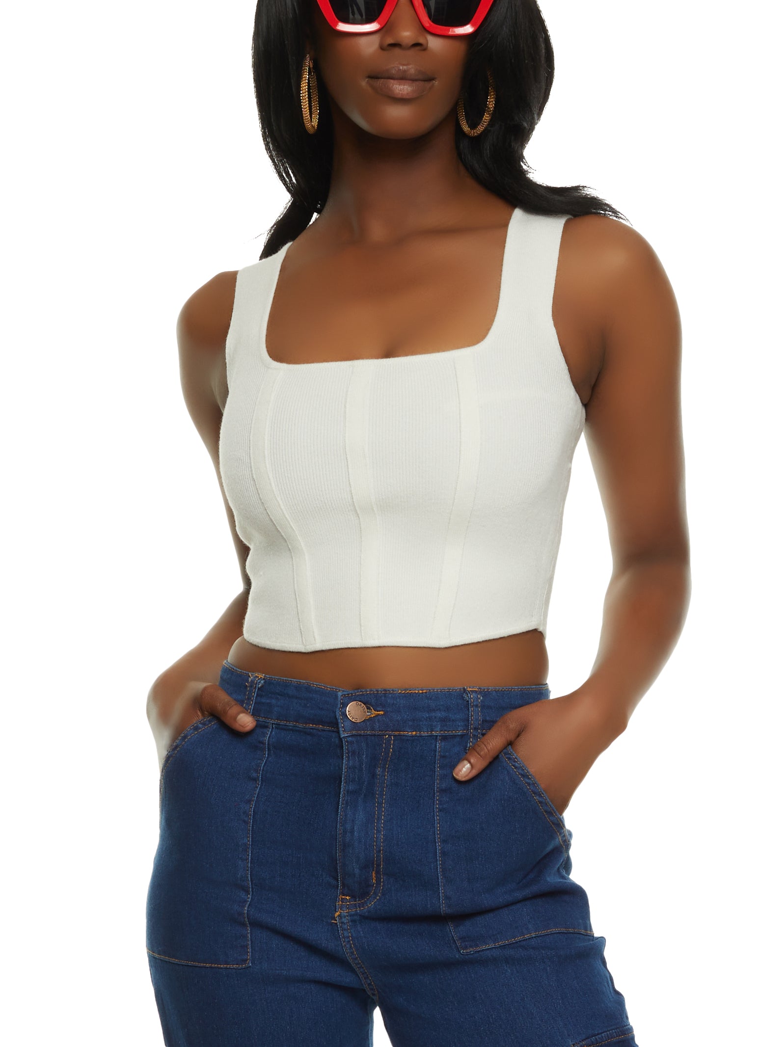 Ribbed Square Neck Corset Top - Ivory