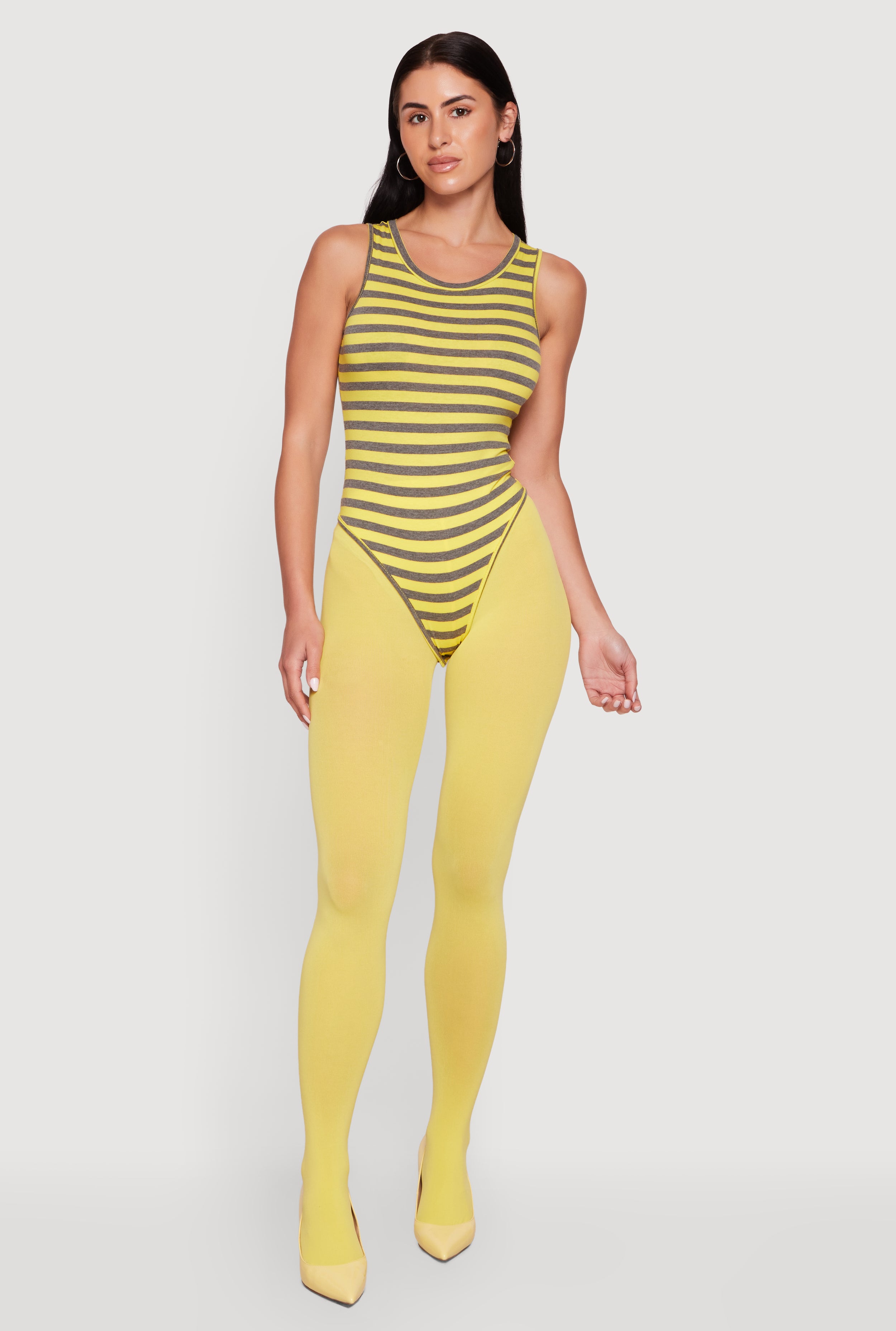 トップス Thong Sleeveless Asid Yellow Striped Sleeveless Thong Bodysuit