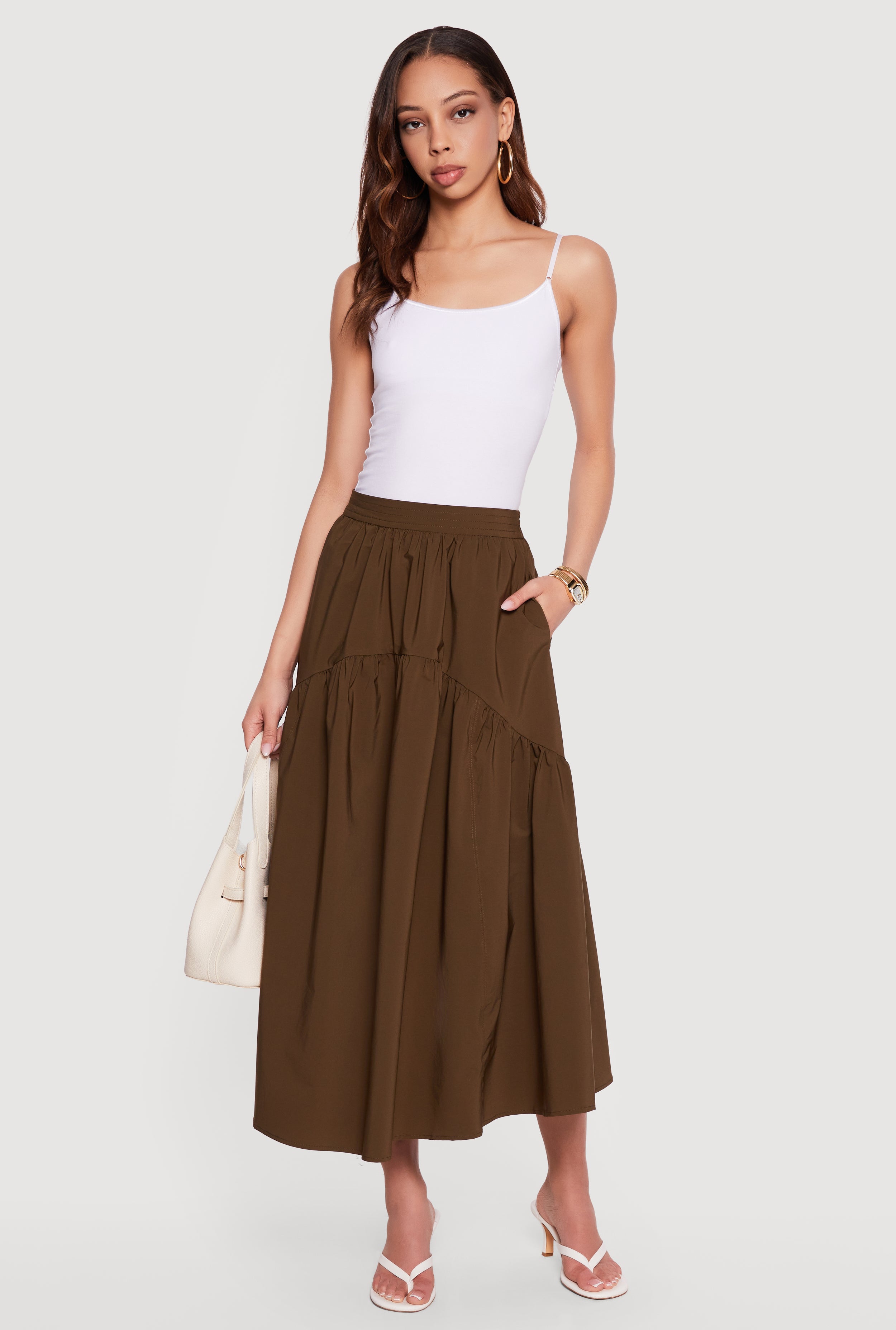Drop Waist Ruffle Trim Midi Skirt